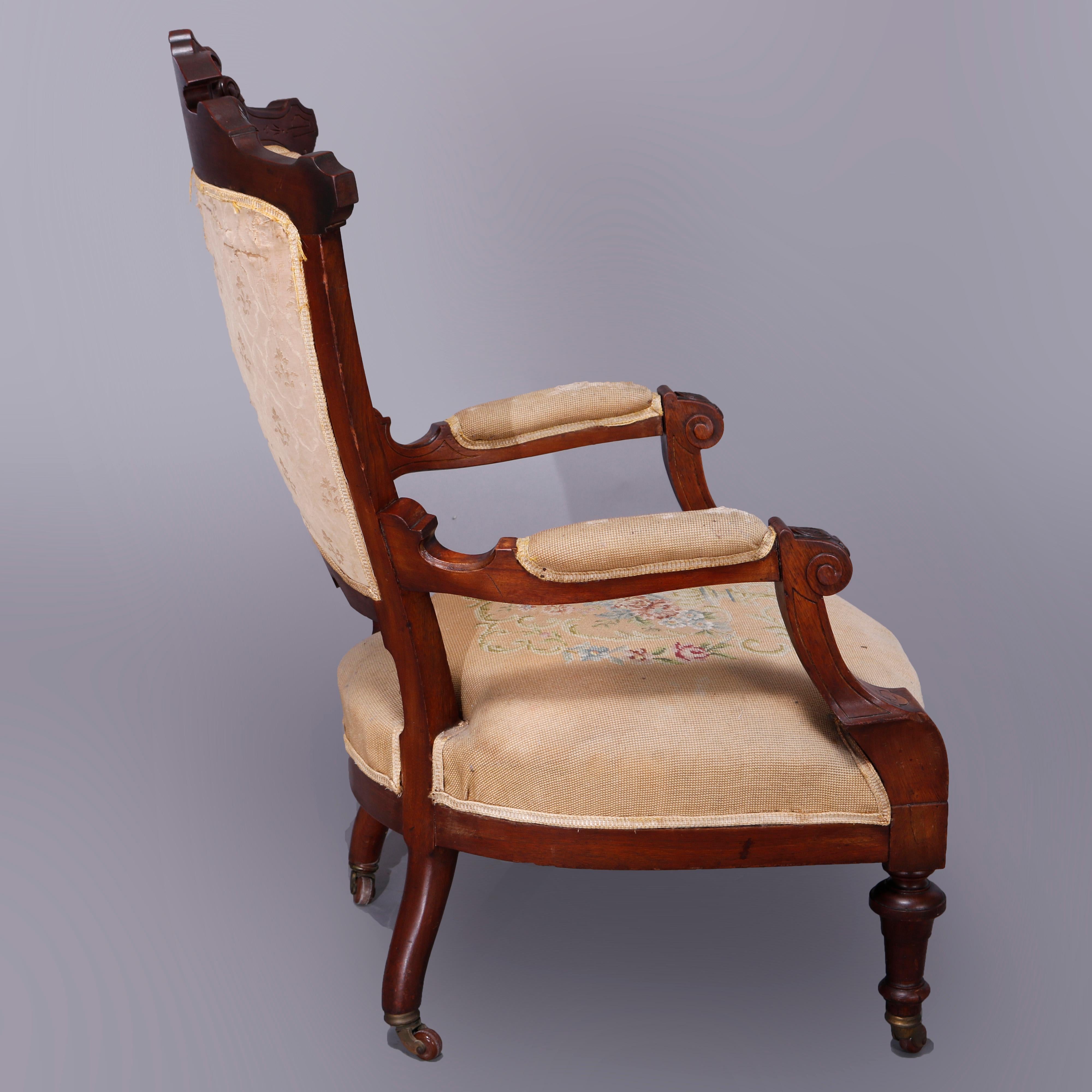 Carved Antique Renaissance Revival Walnut, Burl & Needlepoint Parlor Chairs, c1890 For Sale