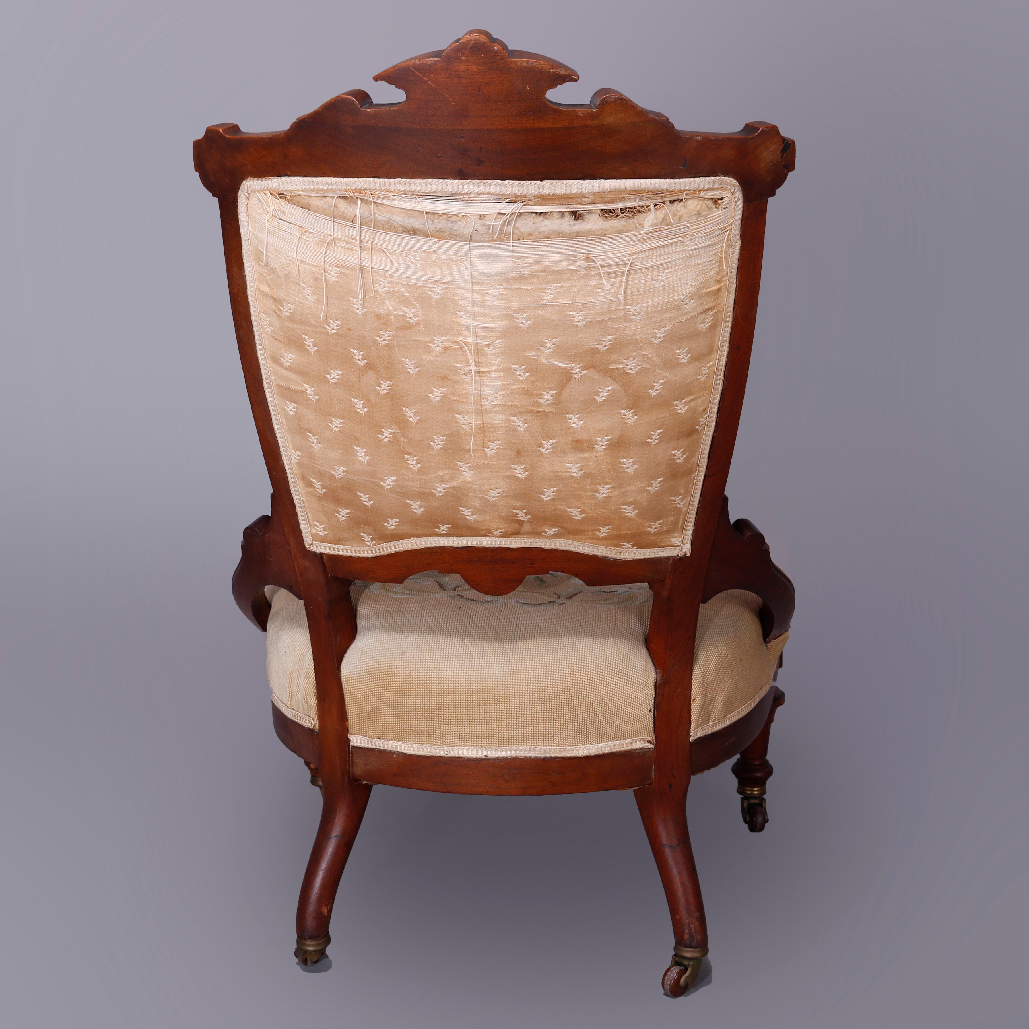Antique Renaissance Revival Walnut, Burl & Needlepoint Parlor Chairs, c1890 In Good Condition For Sale In Big Flats, NY