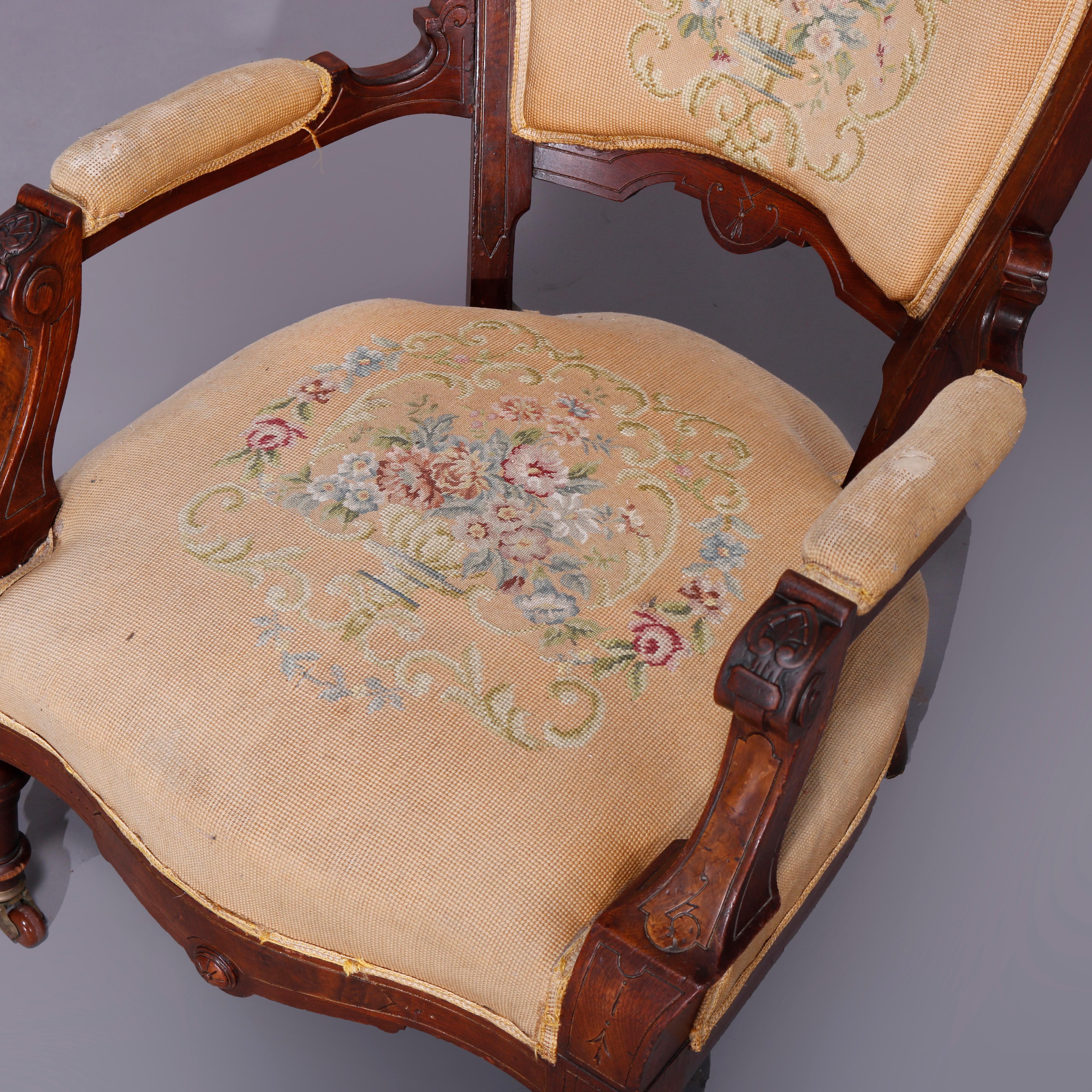19th Century Antique Renaissance Revival Walnut, Burl & Needlepoint Parlor Chairs, c1890 For Sale