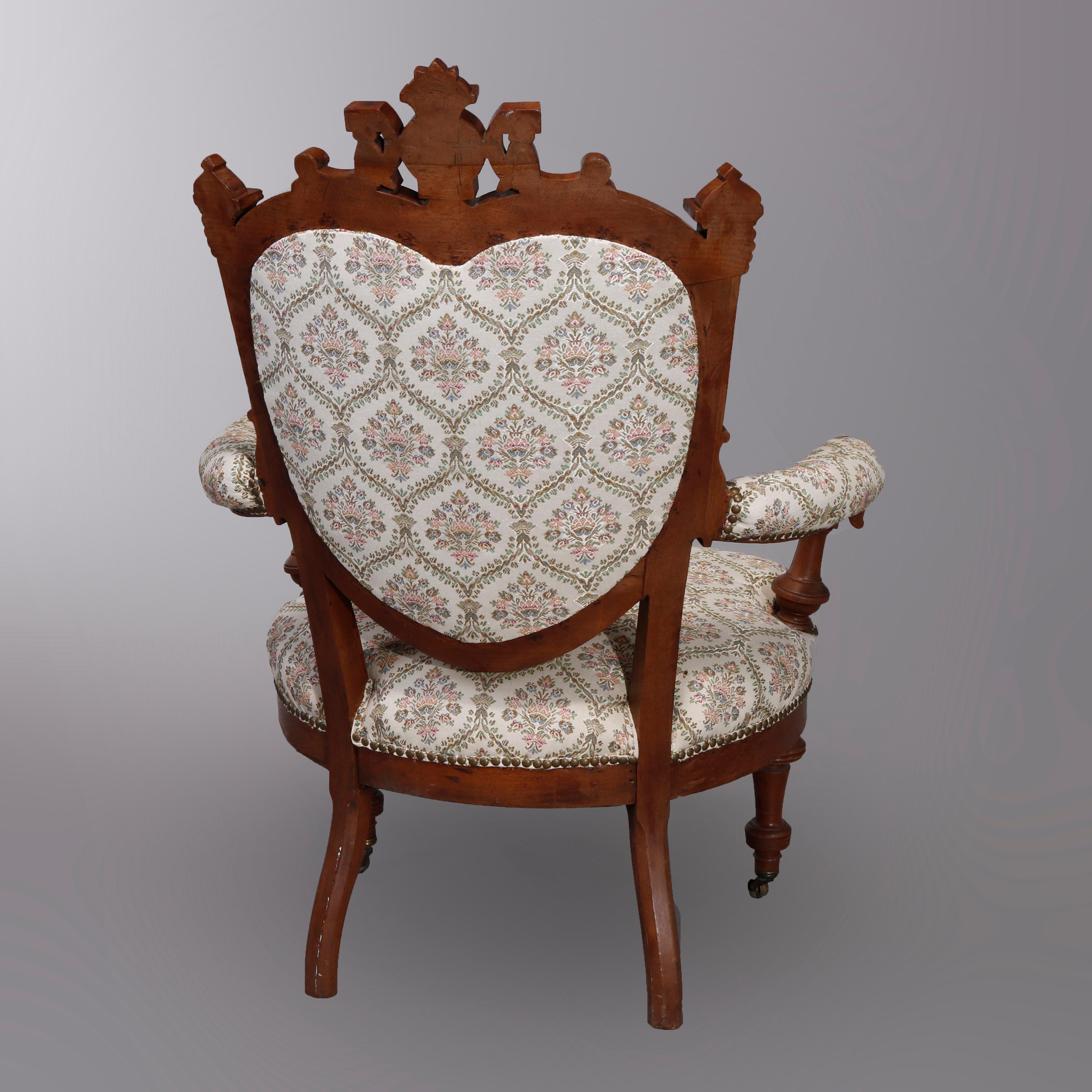 Antique Renaissance Revival Walnut & Burl Parlor Armchairs with Marquetry, c1880 For Sale 1