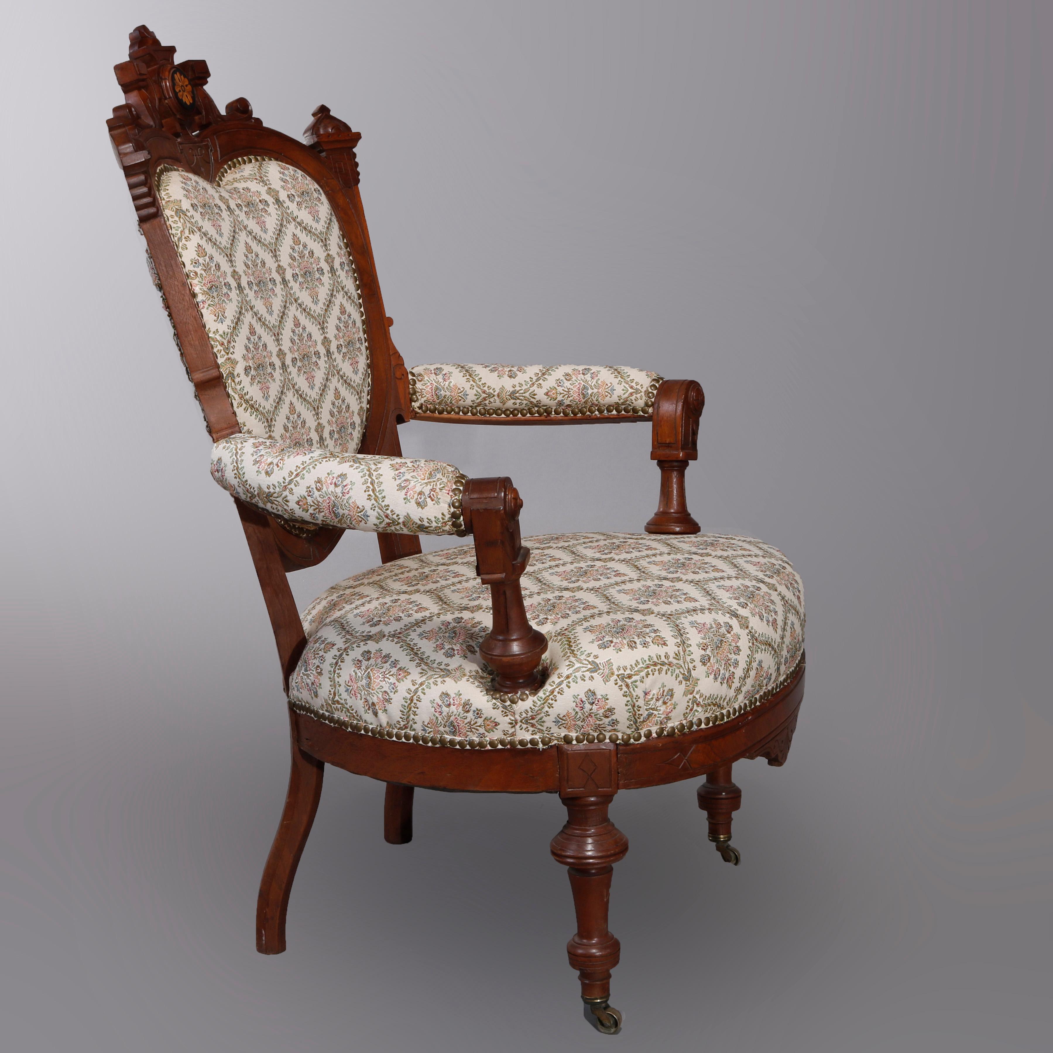 Antique Renaissance Revival Walnut & Burl Parlor Armchairs with Marquetry, c1880 For Sale 2