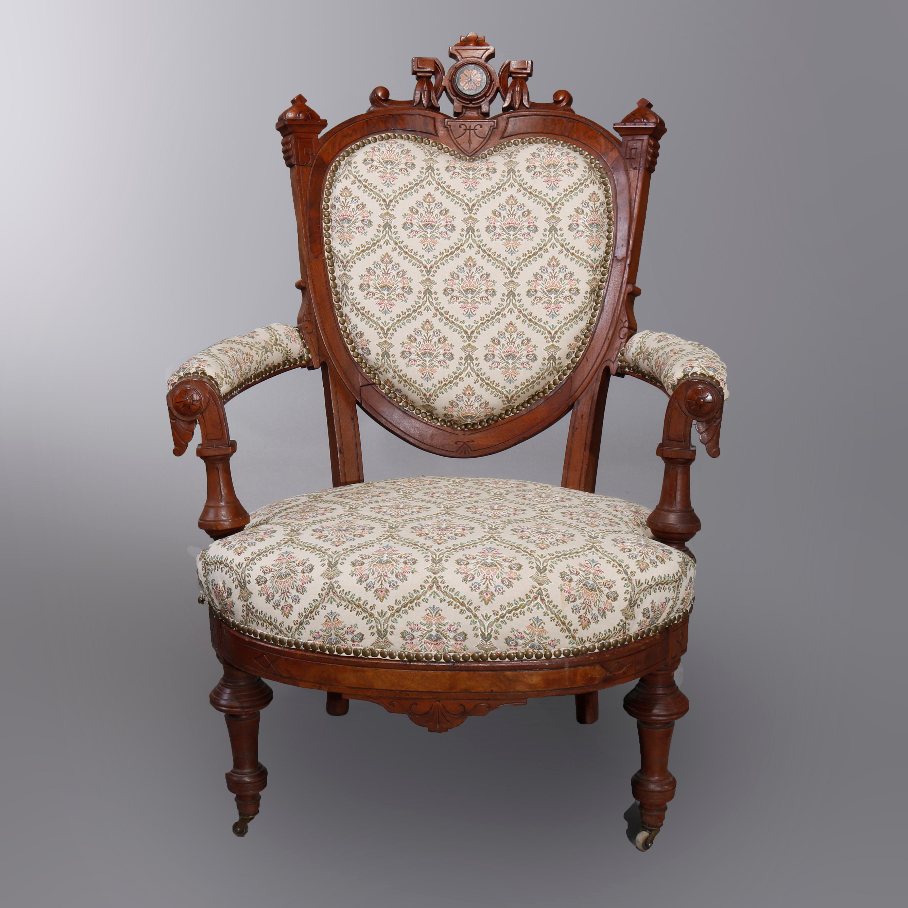 Antique Renaissance Revival Walnut & Burl Parlor Armchairs with Marquetry, c1880 For Sale 3