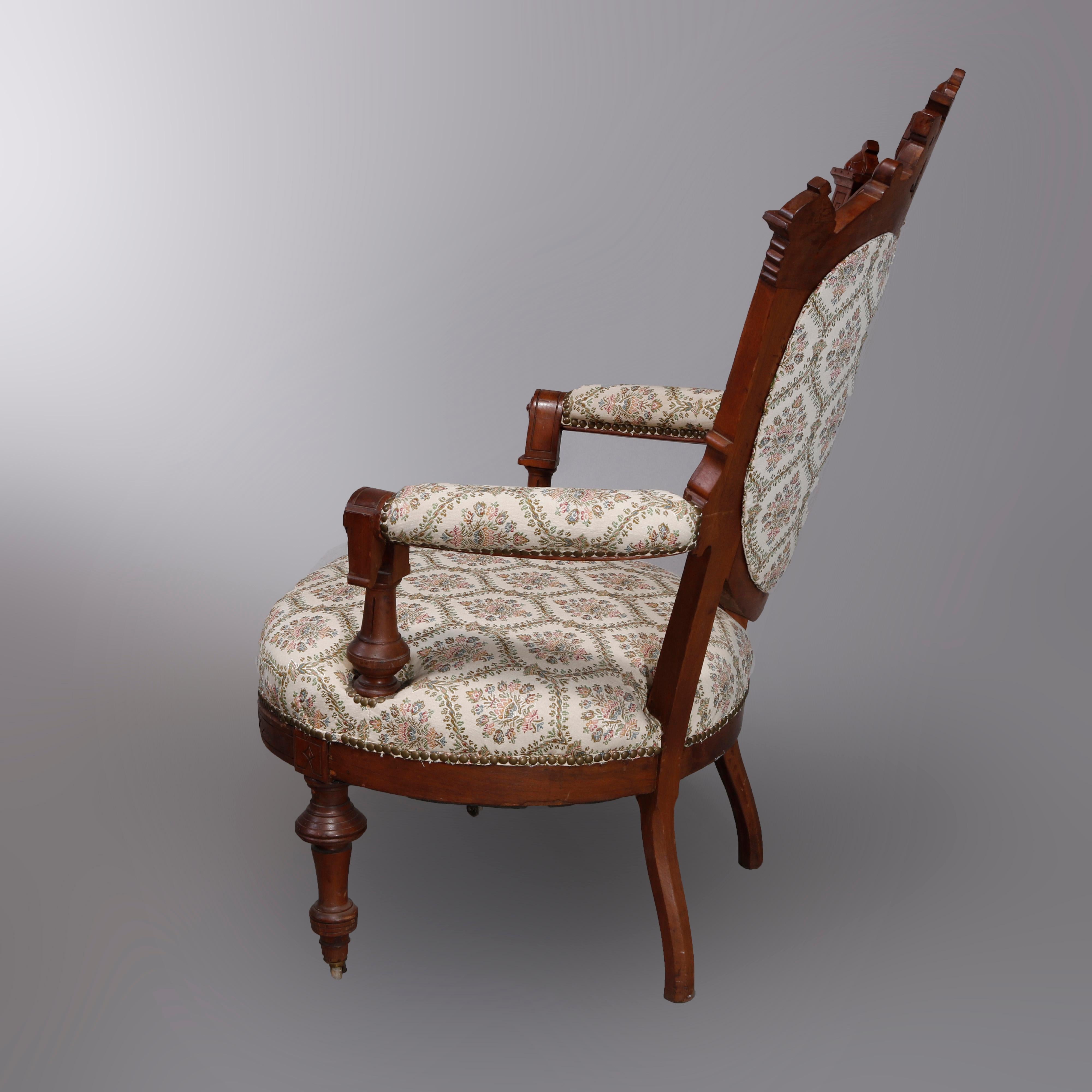 Antique Renaissance Revival Walnut & Burl Parlor Armchairs with Marquetry, c1880 For Sale 4