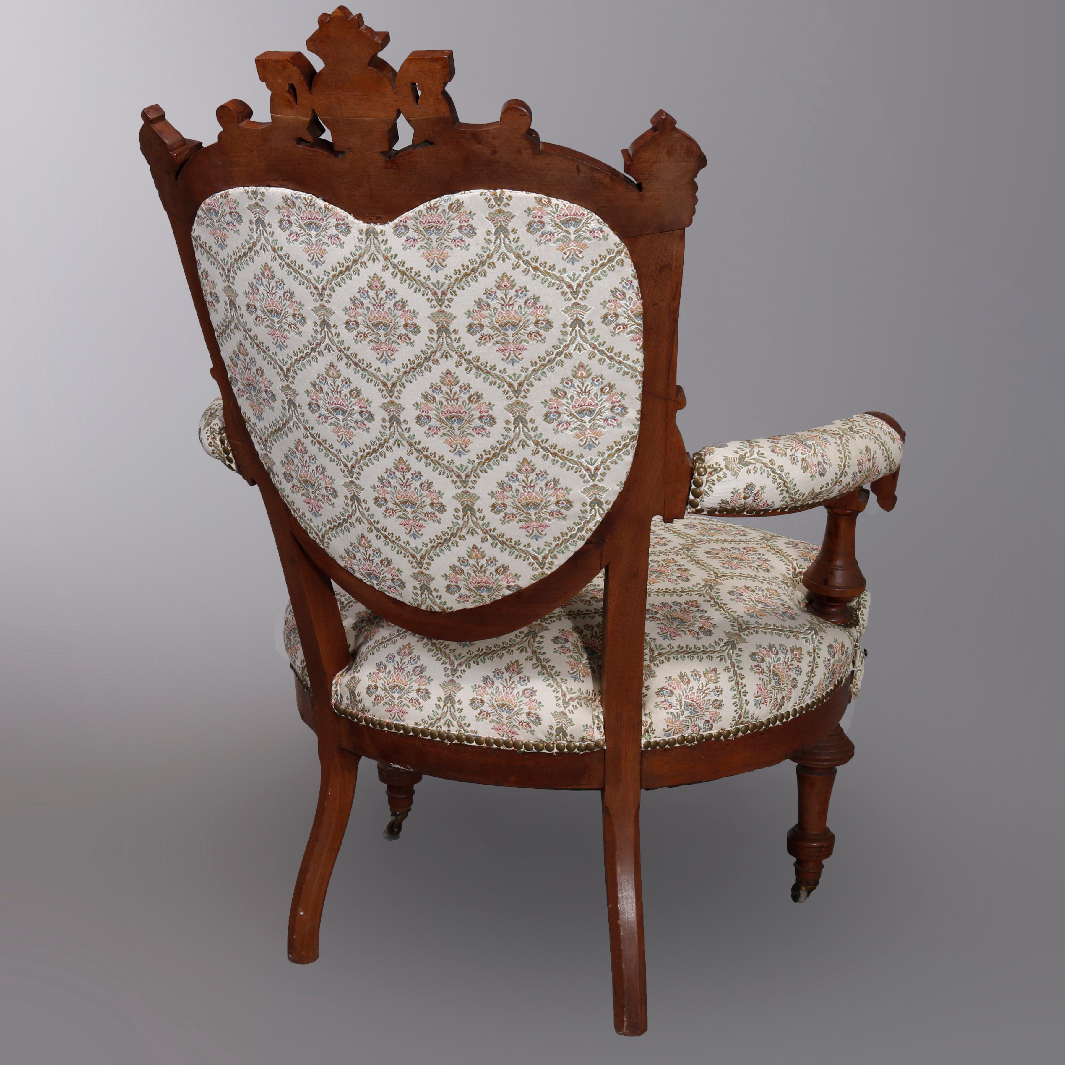 Antique Renaissance Revival Walnut & Burl Parlor Armchairs with Marquetry, c1880 For Sale 5