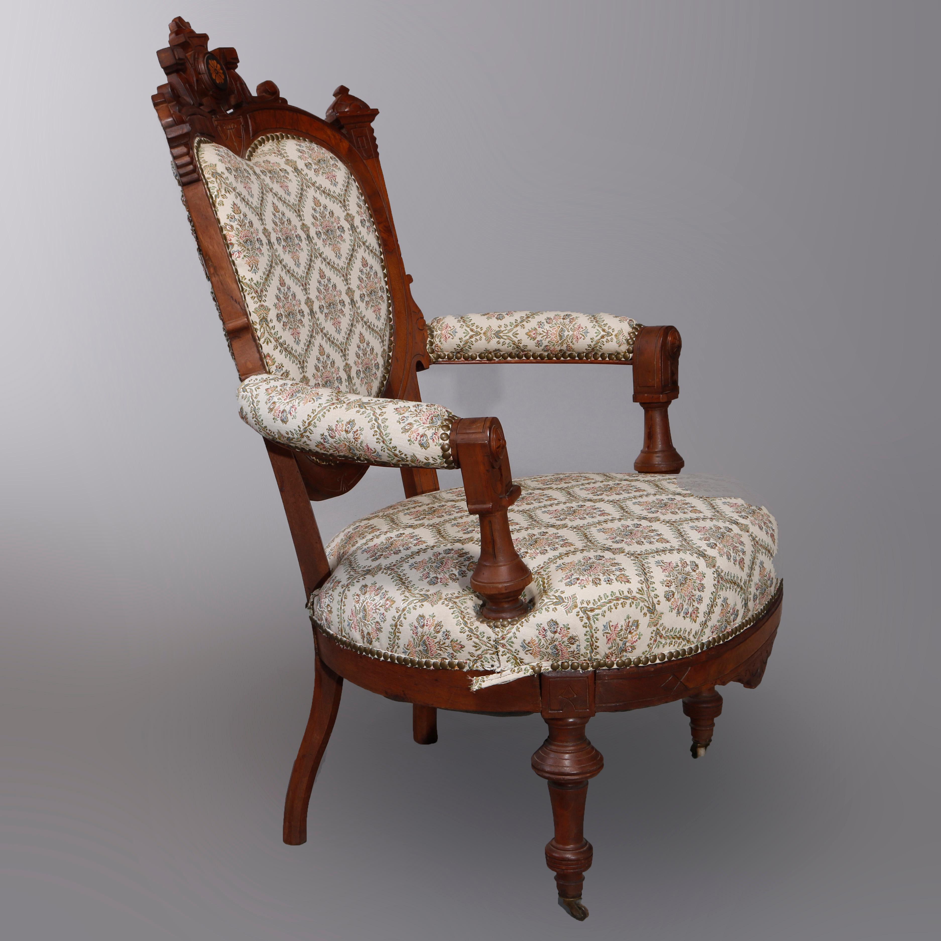 Antique Renaissance Revival Walnut & Burl Parlor Armchairs with Marquetry, c1880 For Sale 6