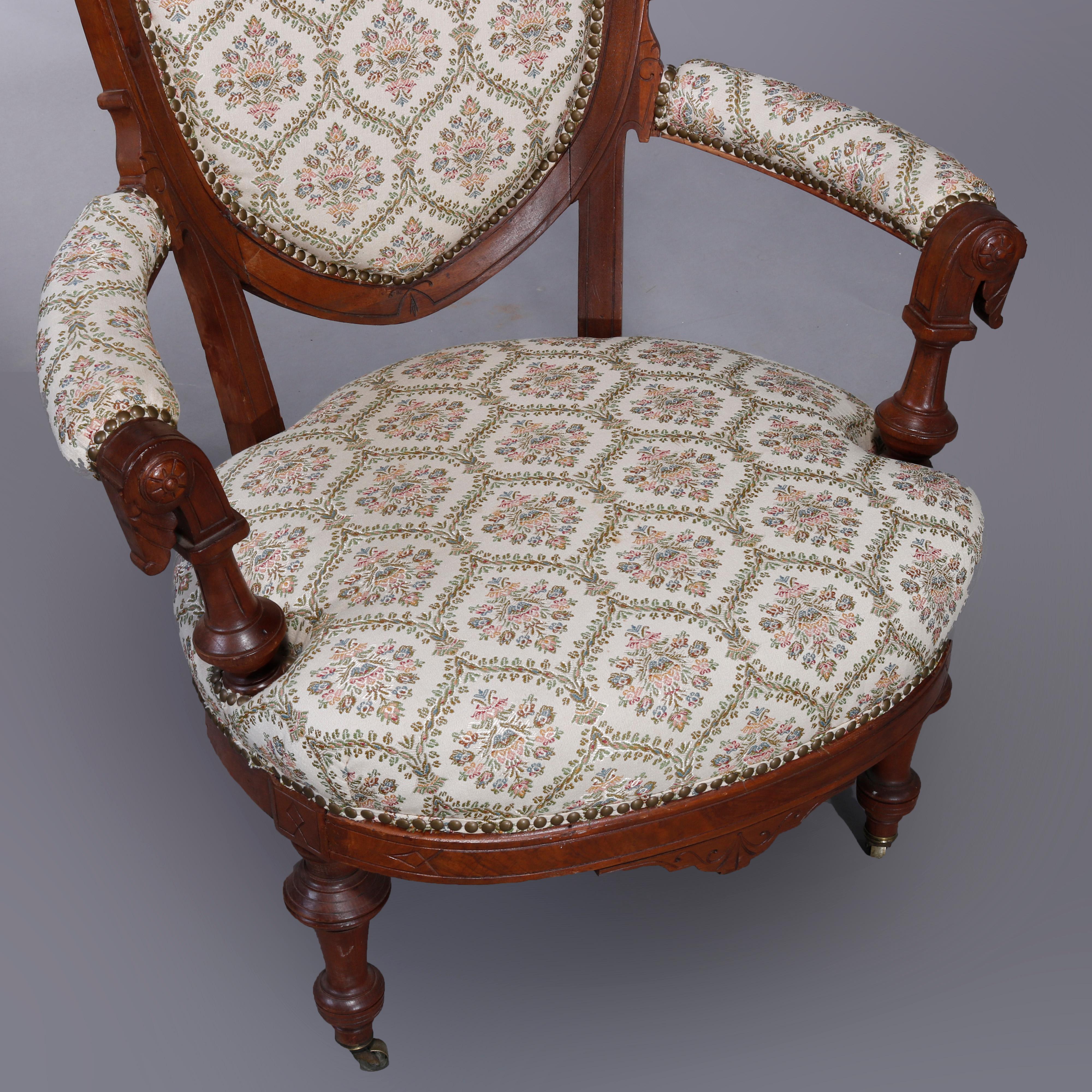 Antique Renaissance Revival Walnut & Burl Parlor Armchairs with Marquetry, c1880 For Sale 7