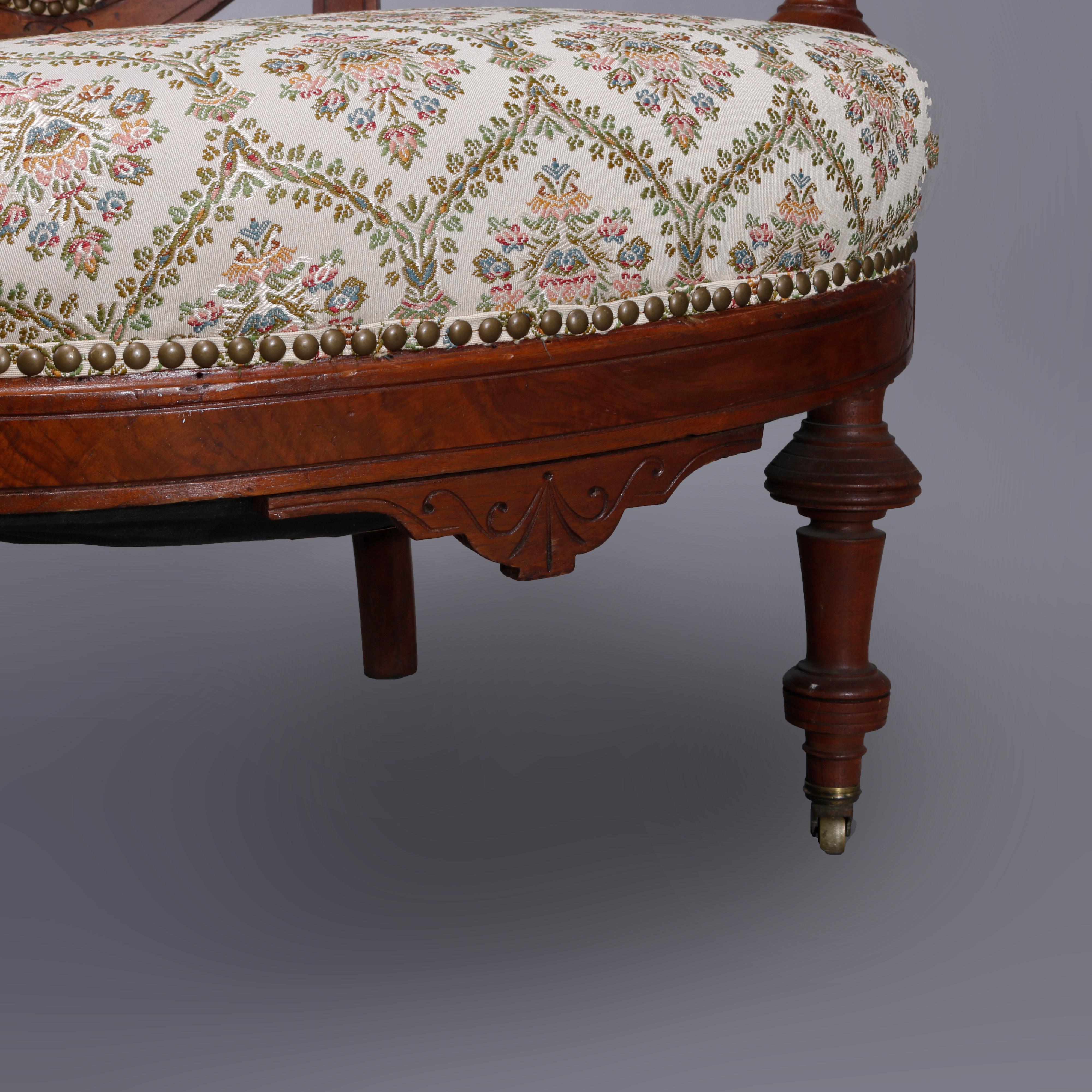 European Antique Renaissance Revival Walnut & Burl Parlor Armchairs with Marquetry, c1880 For Sale