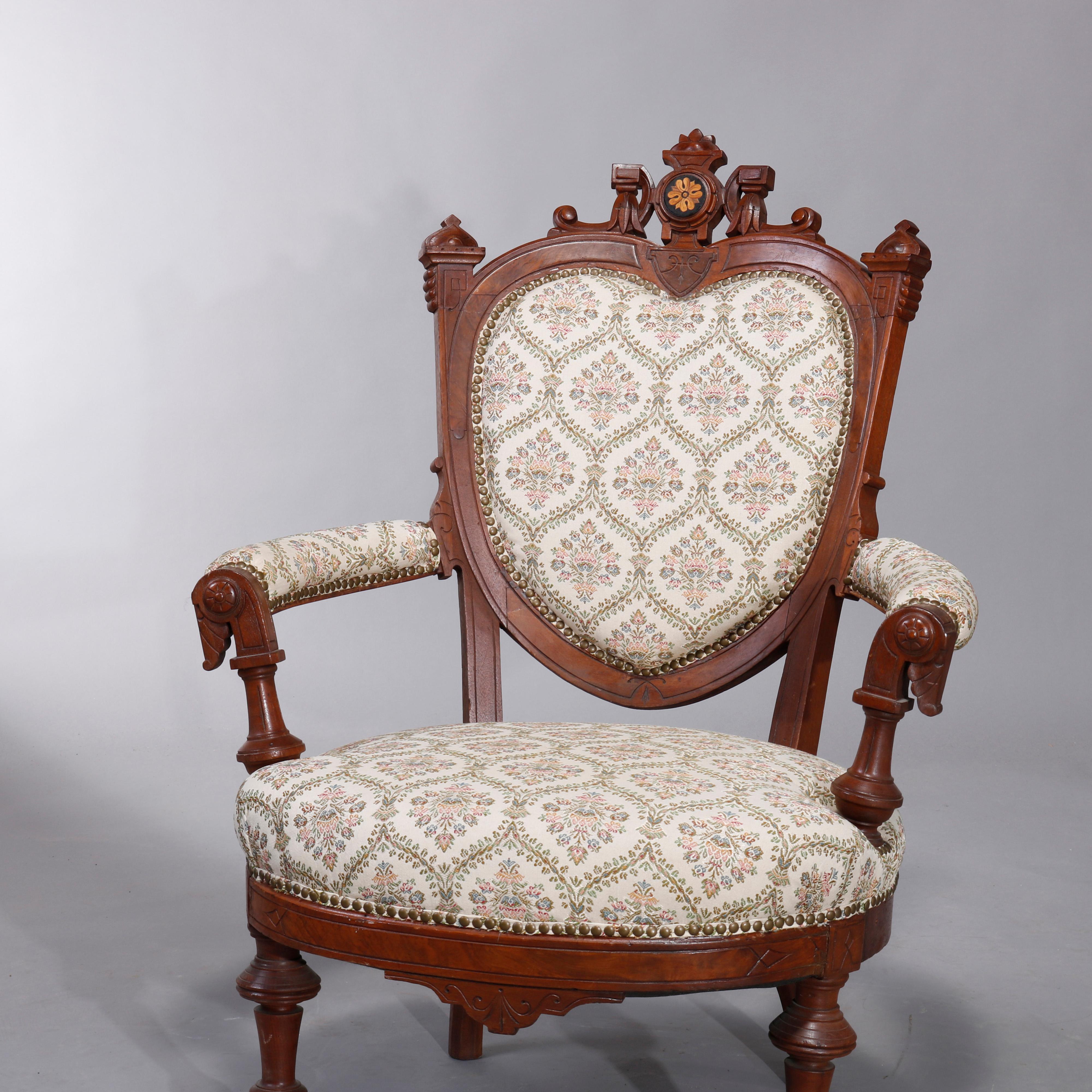 Carved Antique Renaissance Revival Walnut & Burl Parlor Armchairs with Marquetry, c1880 For Sale