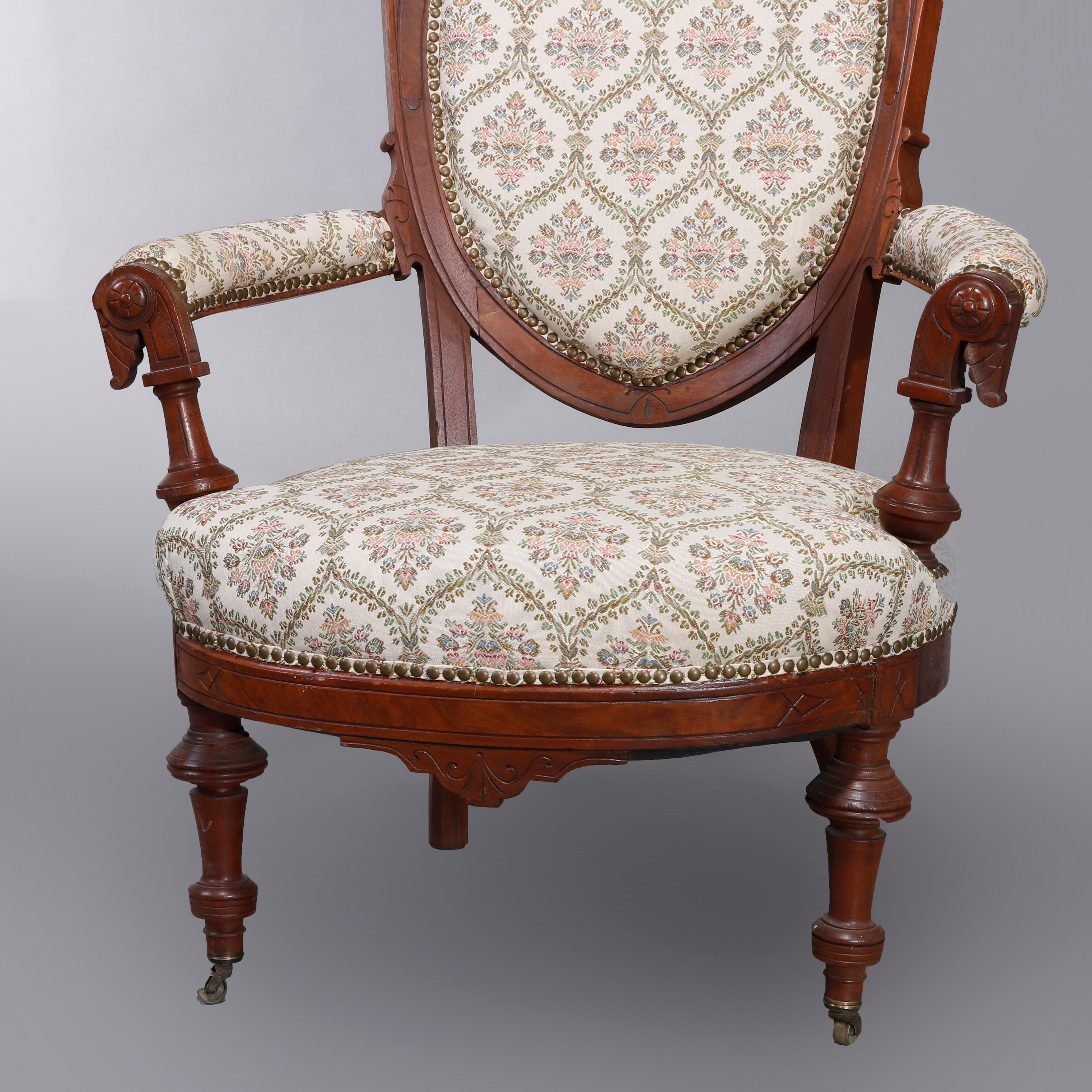 Antique Renaissance Revival Walnut & Burl Parlor Armchairs with Marquetry, c1880 In Good Condition For Sale In Big Flats, NY