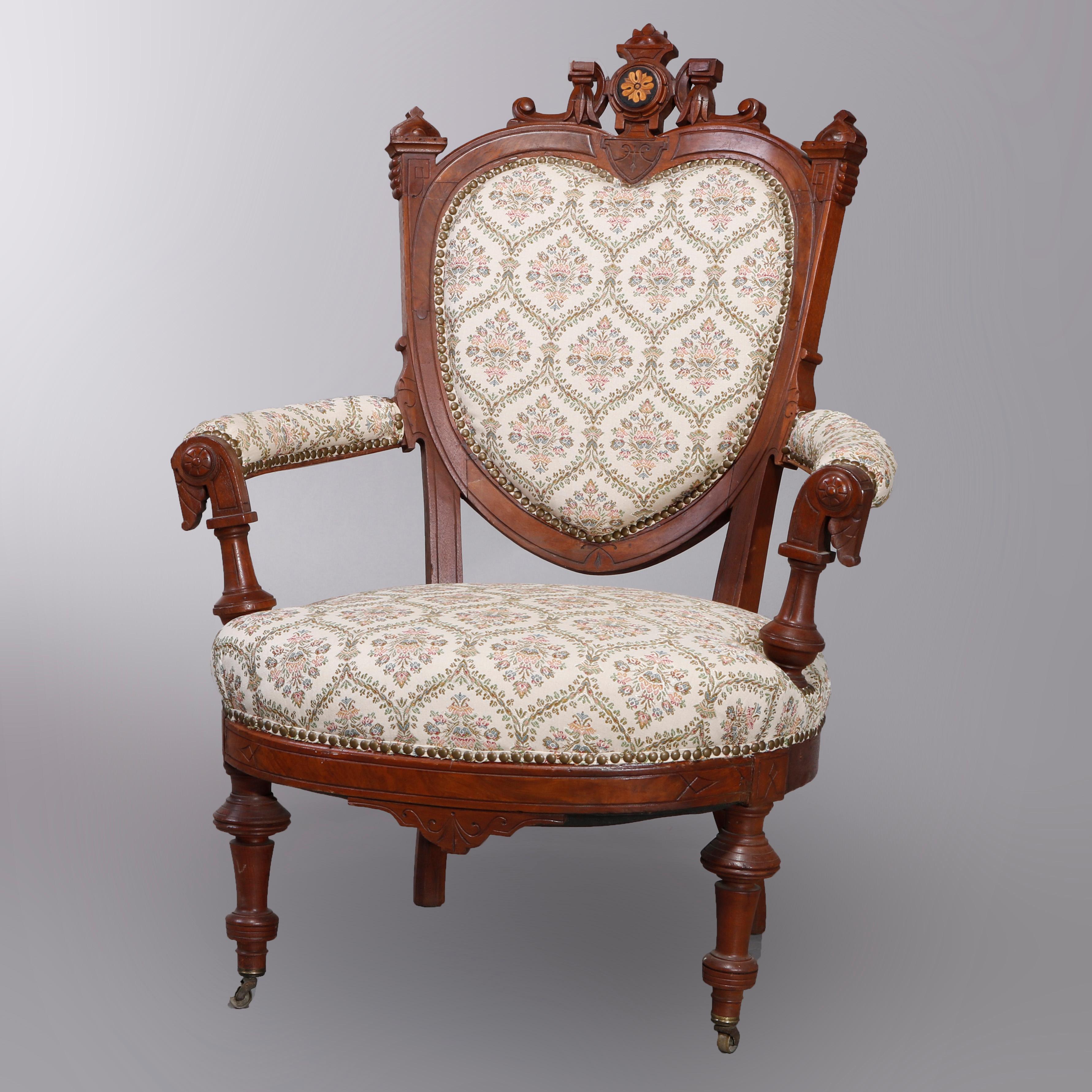 19th Century Antique Renaissance Revival Walnut & Burl Parlor Armchairs with Marquetry, c1880 For Sale