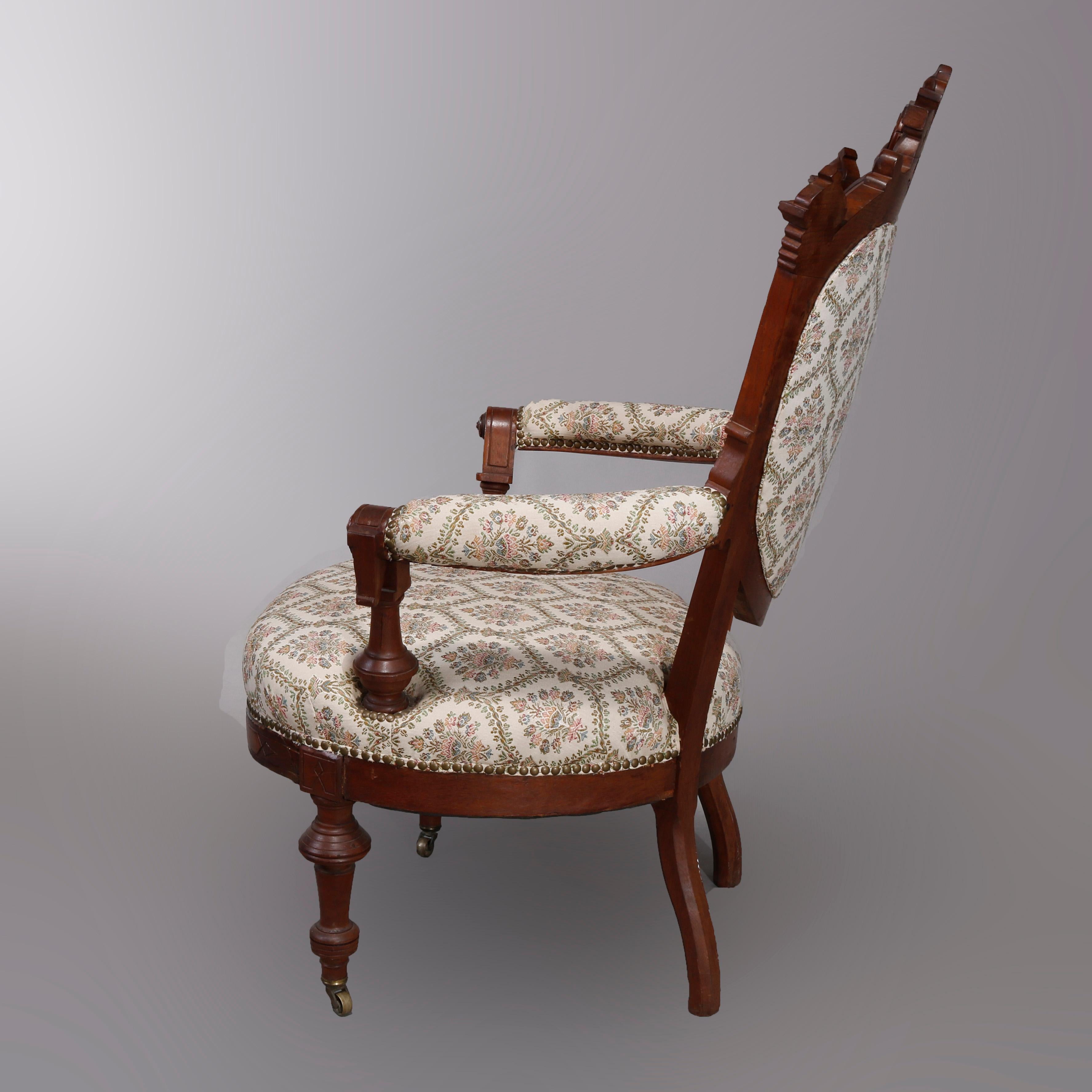 Upholstery Antique Renaissance Revival Walnut & Burl Parlor Armchairs with Marquetry, c1880 For Sale