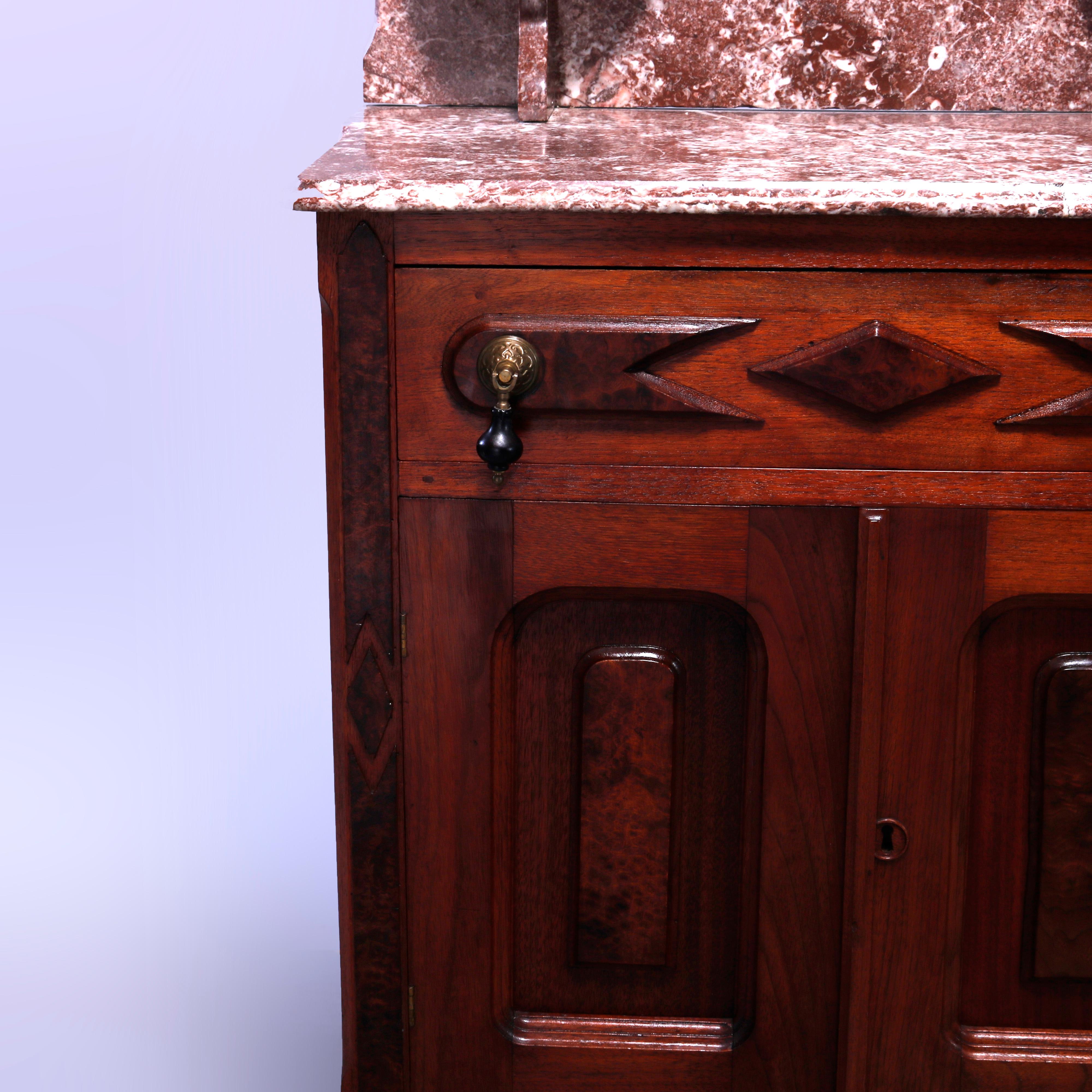 Antique Renaissance Revival Walnut, Burl & Rouge Marble Commode Circa 1890 In Good Condition In Big Flats, NY