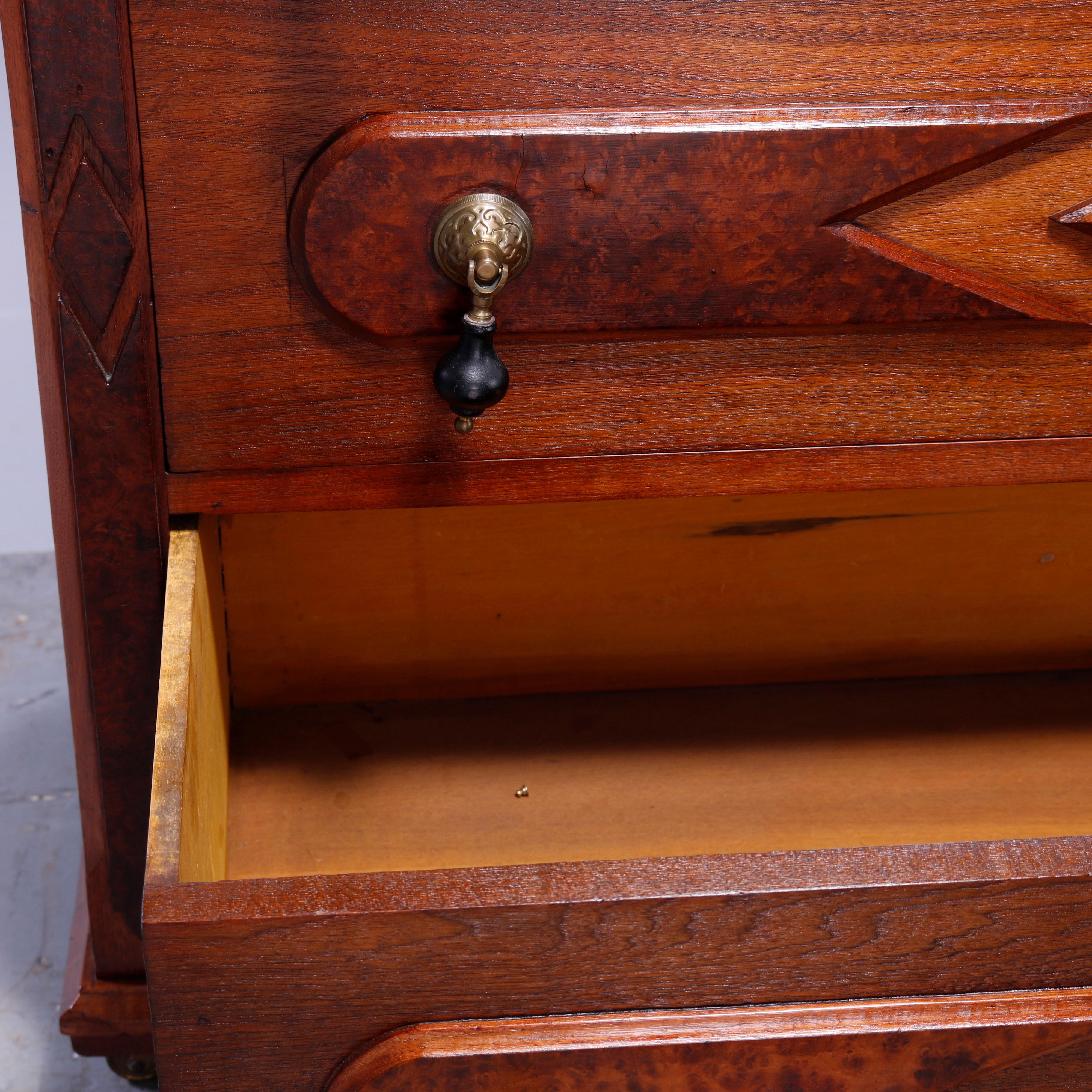Antique Renaissance Revival Walnut, Burl & Rouge Marble Drop-Center Dresser 1890 5