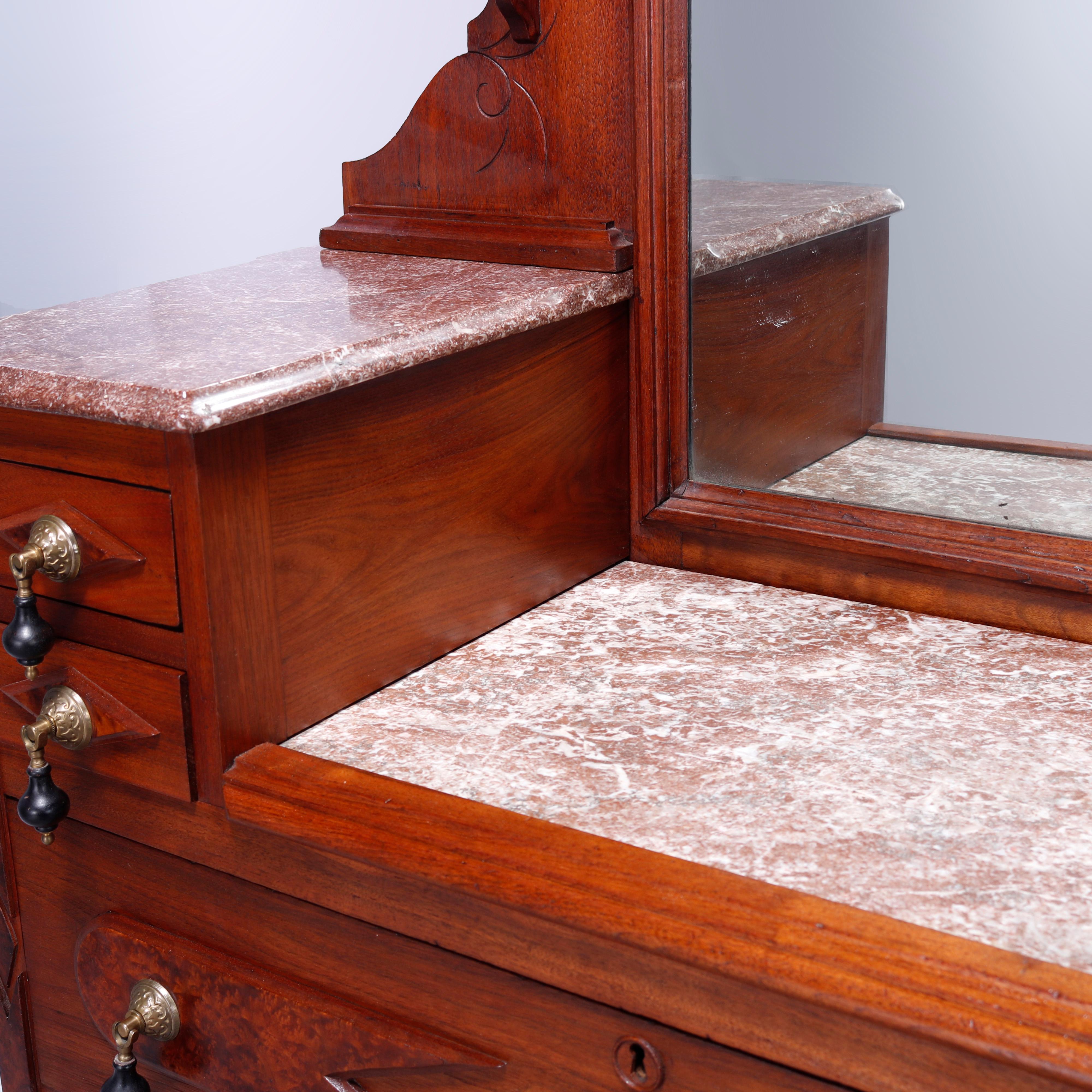 Antique Renaissance Revival Walnut, Burl & Rouge Marble Drop-Center Dresser 1890 7