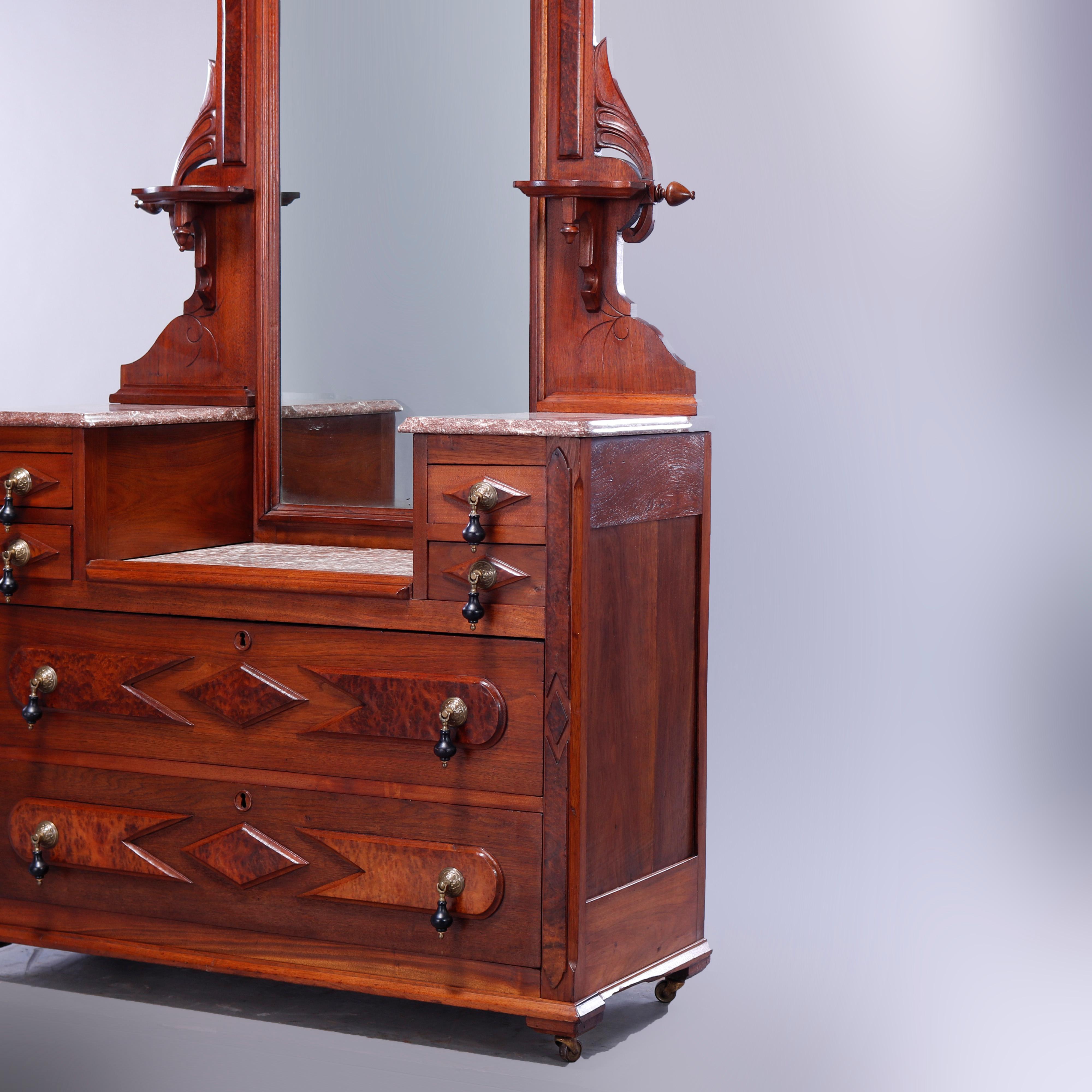 American Antique Renaissance Revival Walnut, Burl & Rouge Marble Drop-Center Dresser 1890