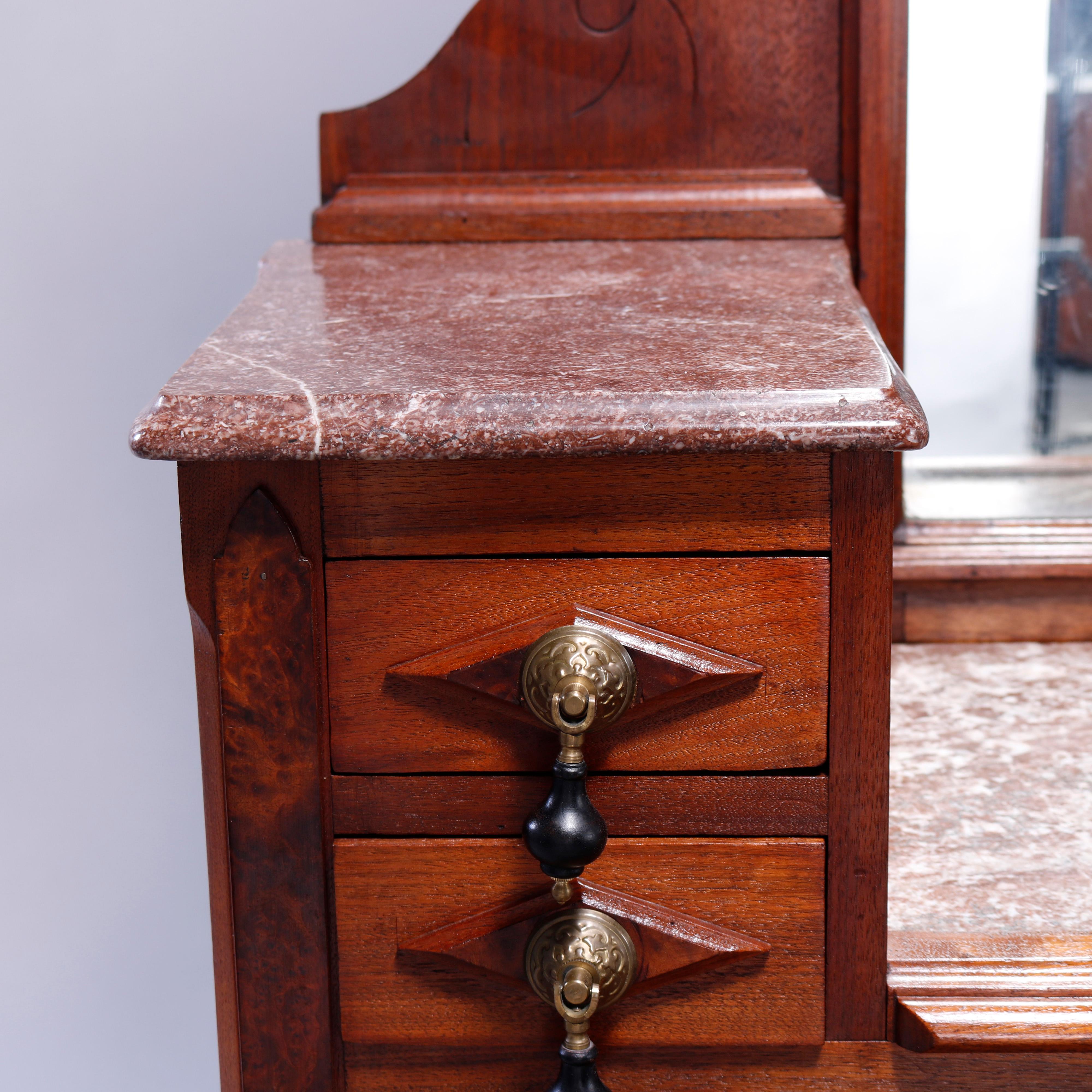 Antique Renaissance Revival Walnut, Burl & Rouge Marble Drop-Center Dresser 1890 2