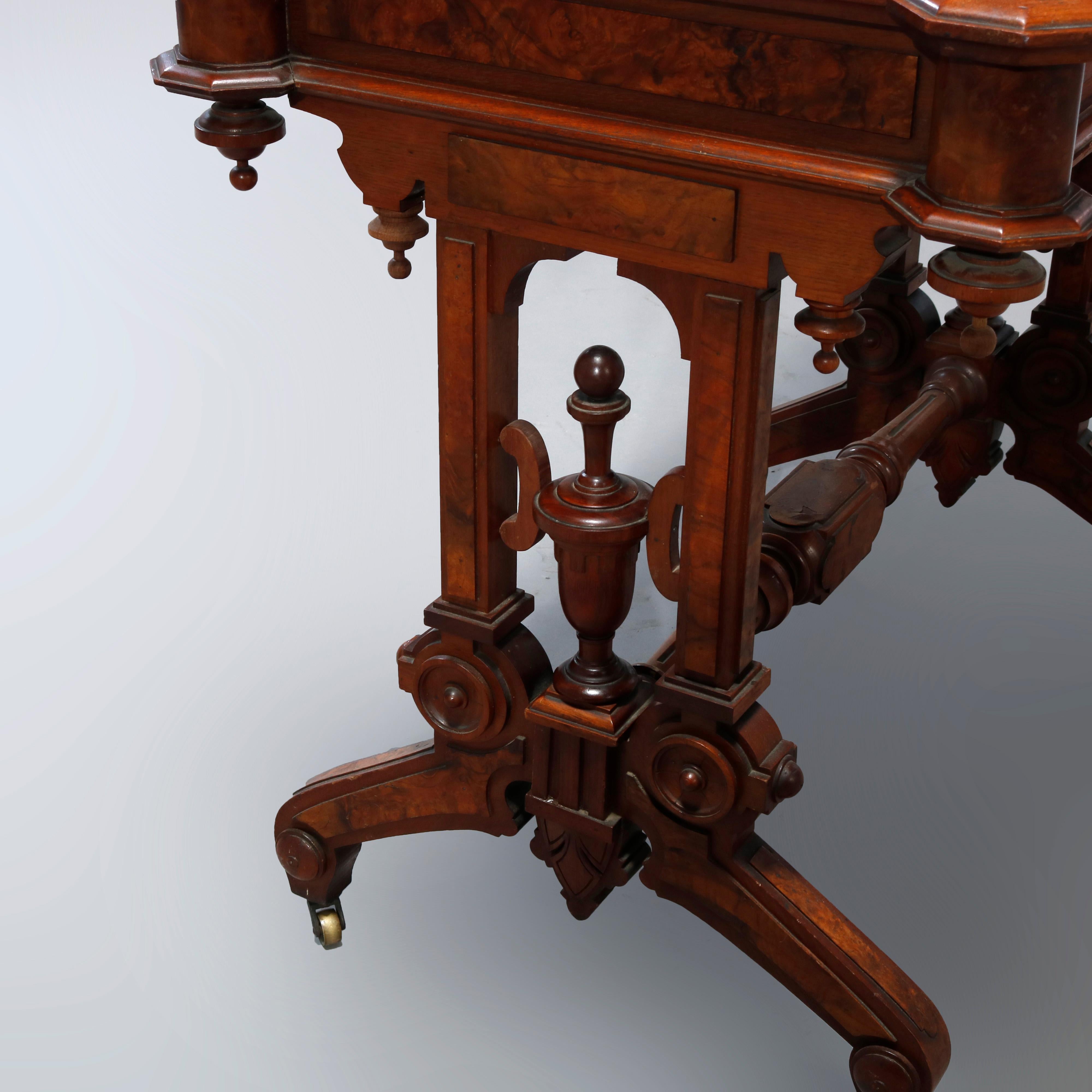 Antique Renaissance Revival Walnut, Burl & Rouge Marble Parlor Table, c1890 7