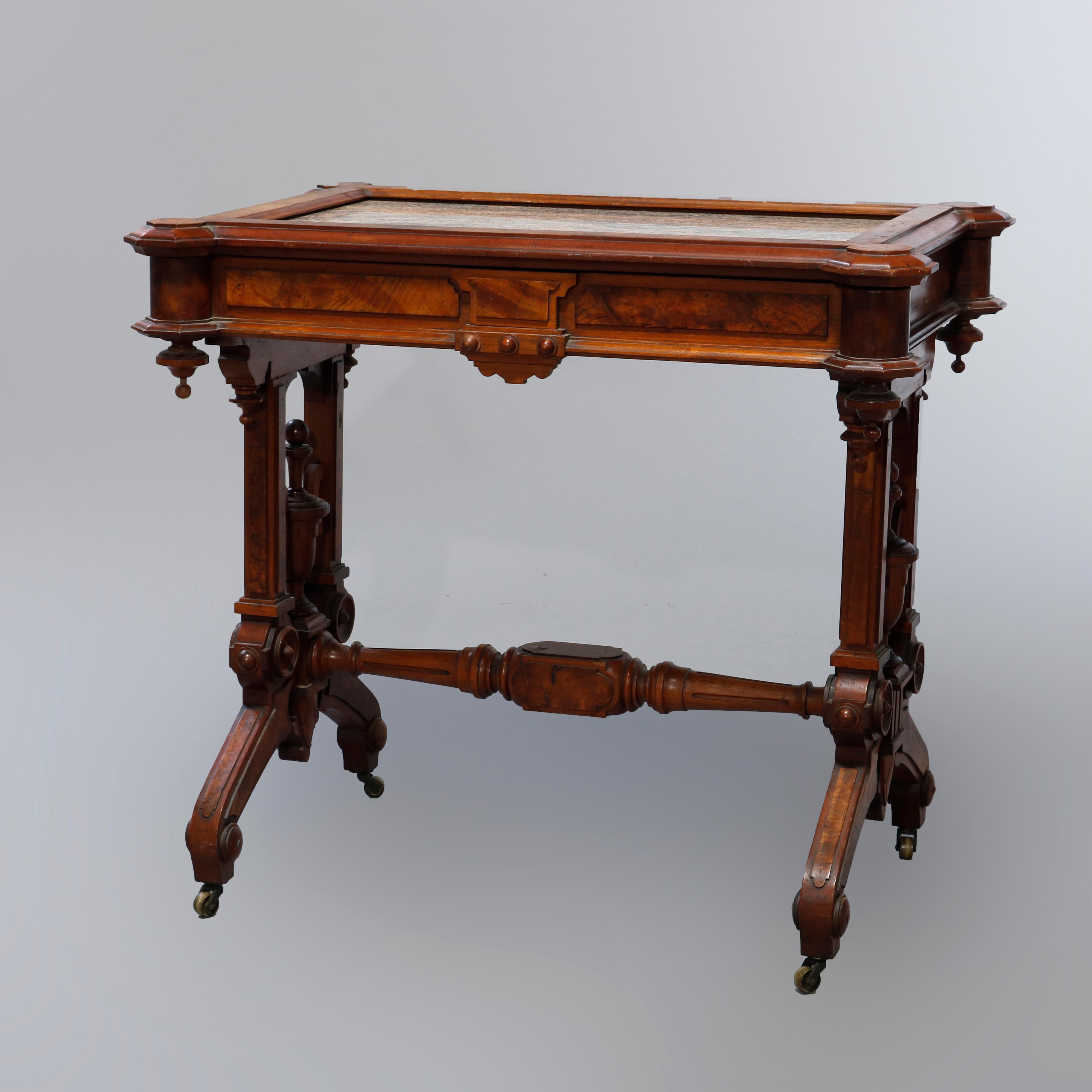 Antique Renaissance Revival Walnut, Burl & Rouge Marble Parlor Table, c1890 11