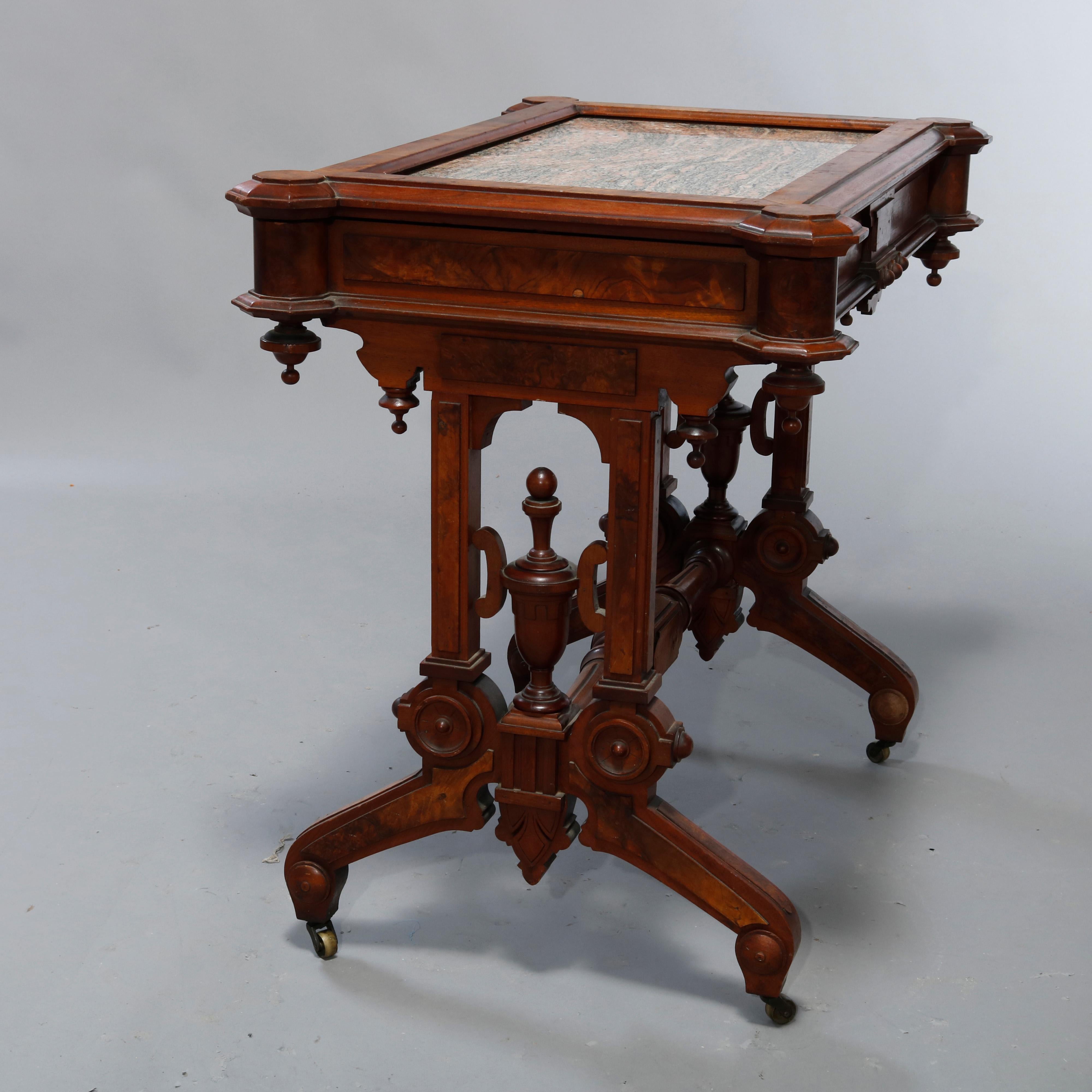 Antique Renaissance Revival Walnut, Burl & Rouge Marble Parlor Table, c1890 12