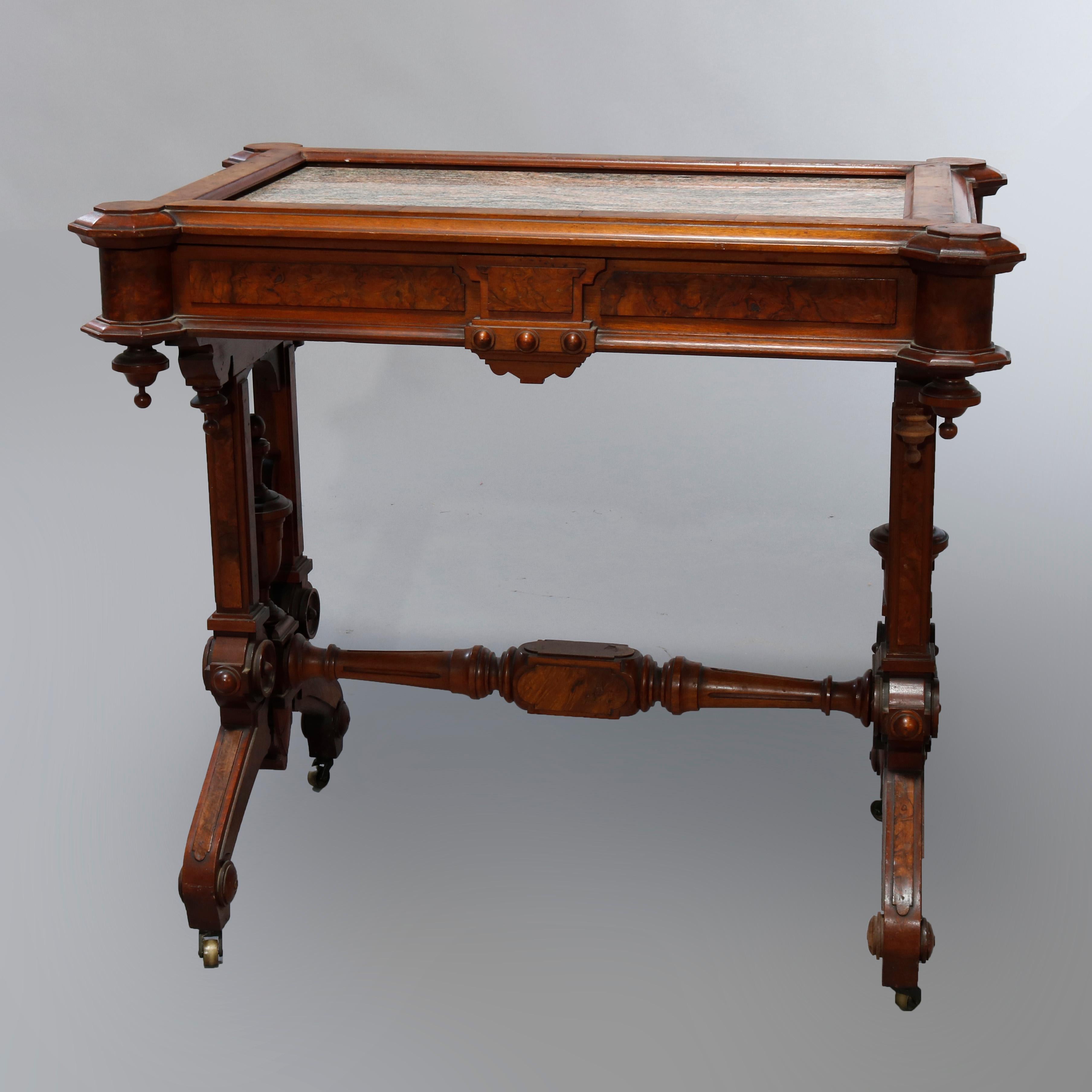 Antique Renaissance Revival Walnut, Burl & Rouge Marble Parlor Table, c1890 13
