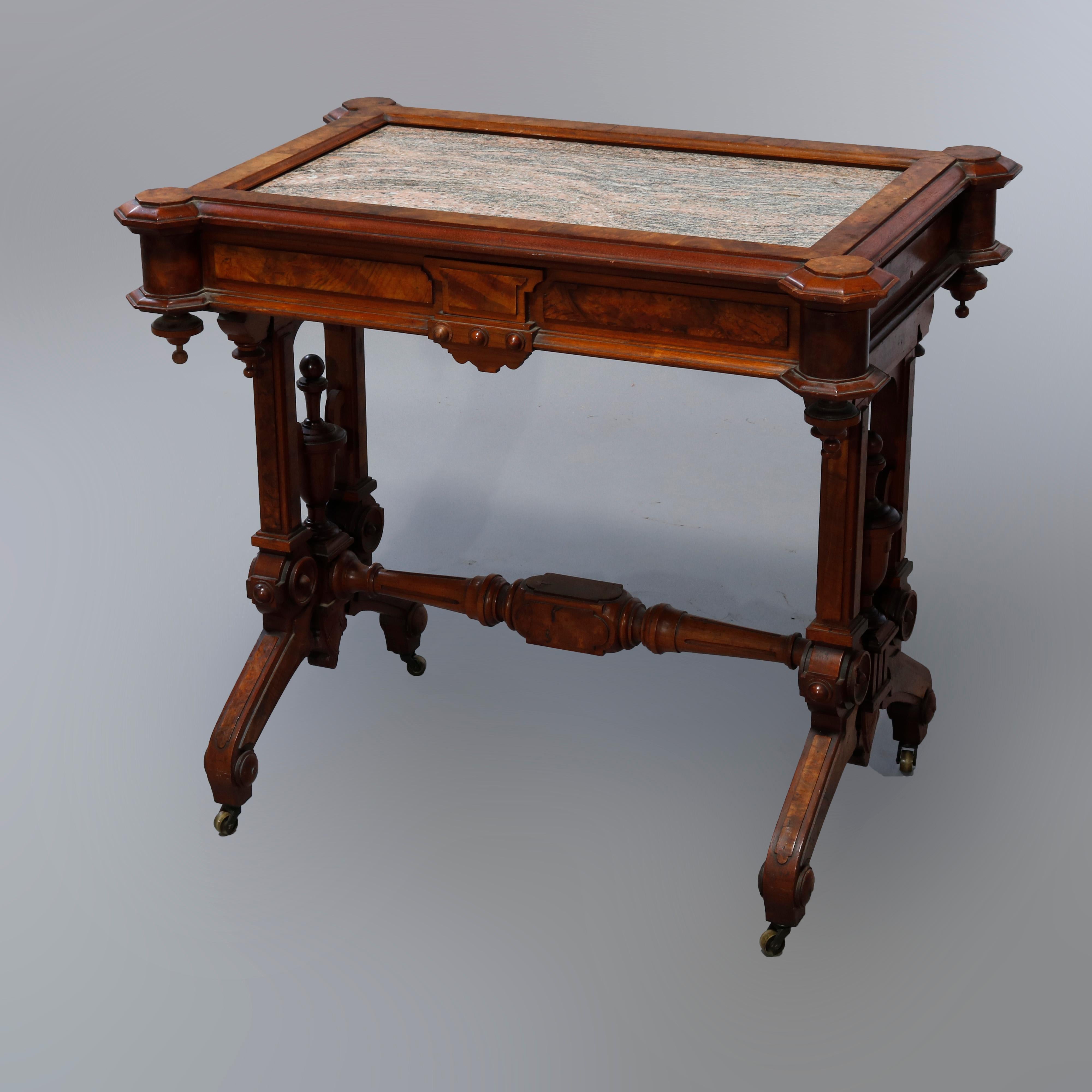 Antique Renaissance Revival Walnut, Burl & Rouge Marble Parlor Table, c1890 14