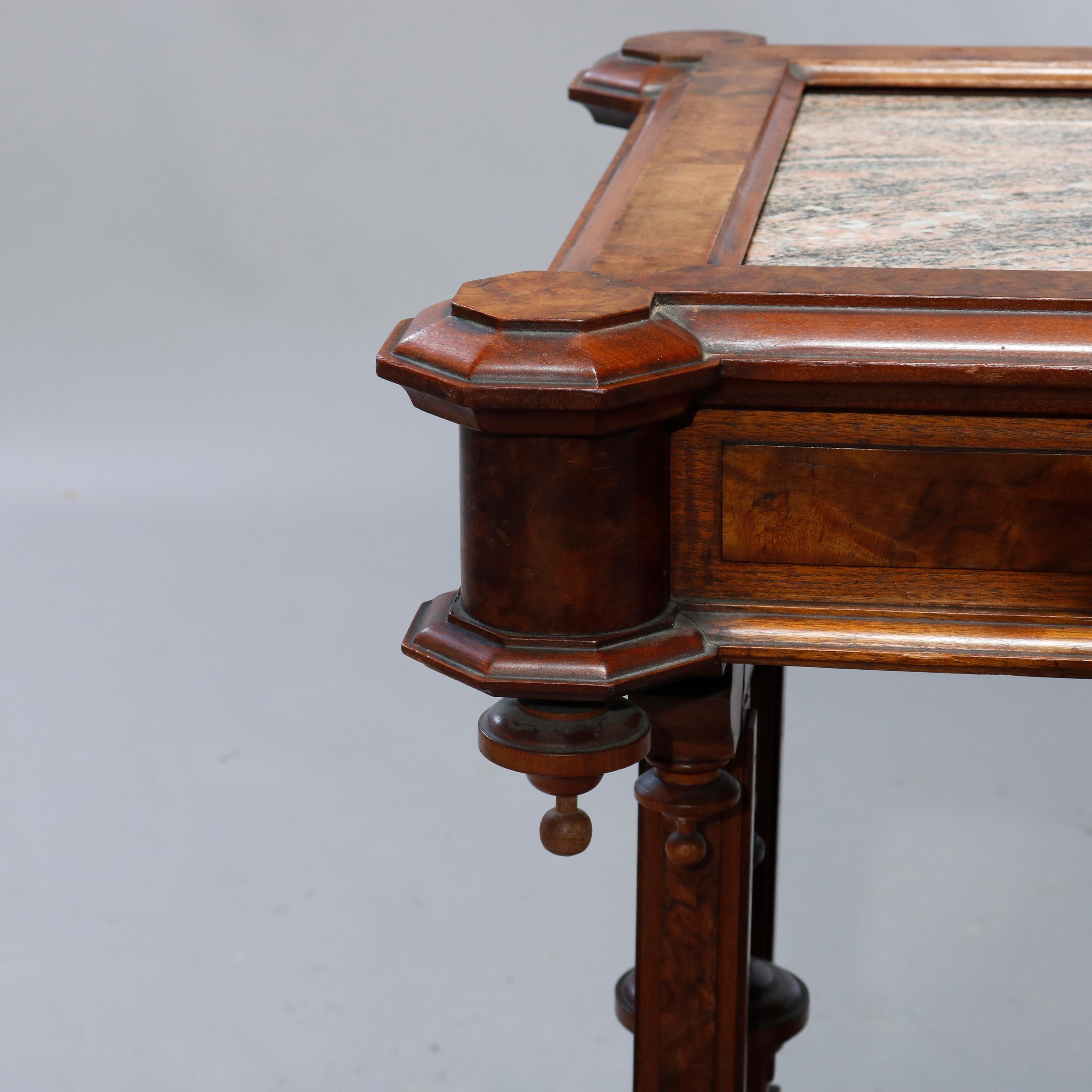 American Antique Renaissance Revival Walnut, Burl & Rouge Marble Parlor Table, c1890