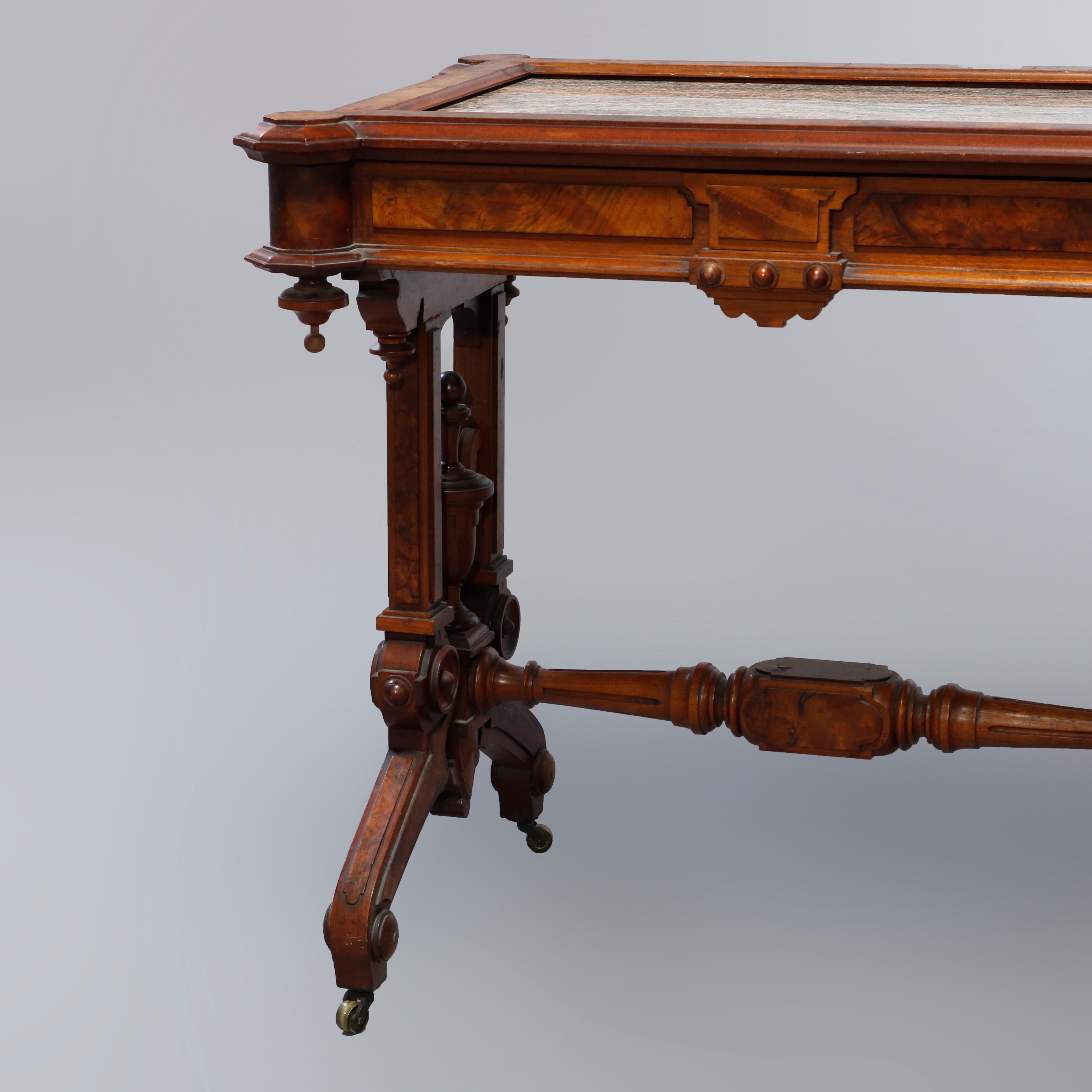 Antique Renaissance Revival Walnut, Burl & Rouge Marble Parlor Table, c1890 2