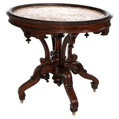 Antique Renaissance Revival Walnut, Burl & Rouge Marble Parlor Table, c1890
