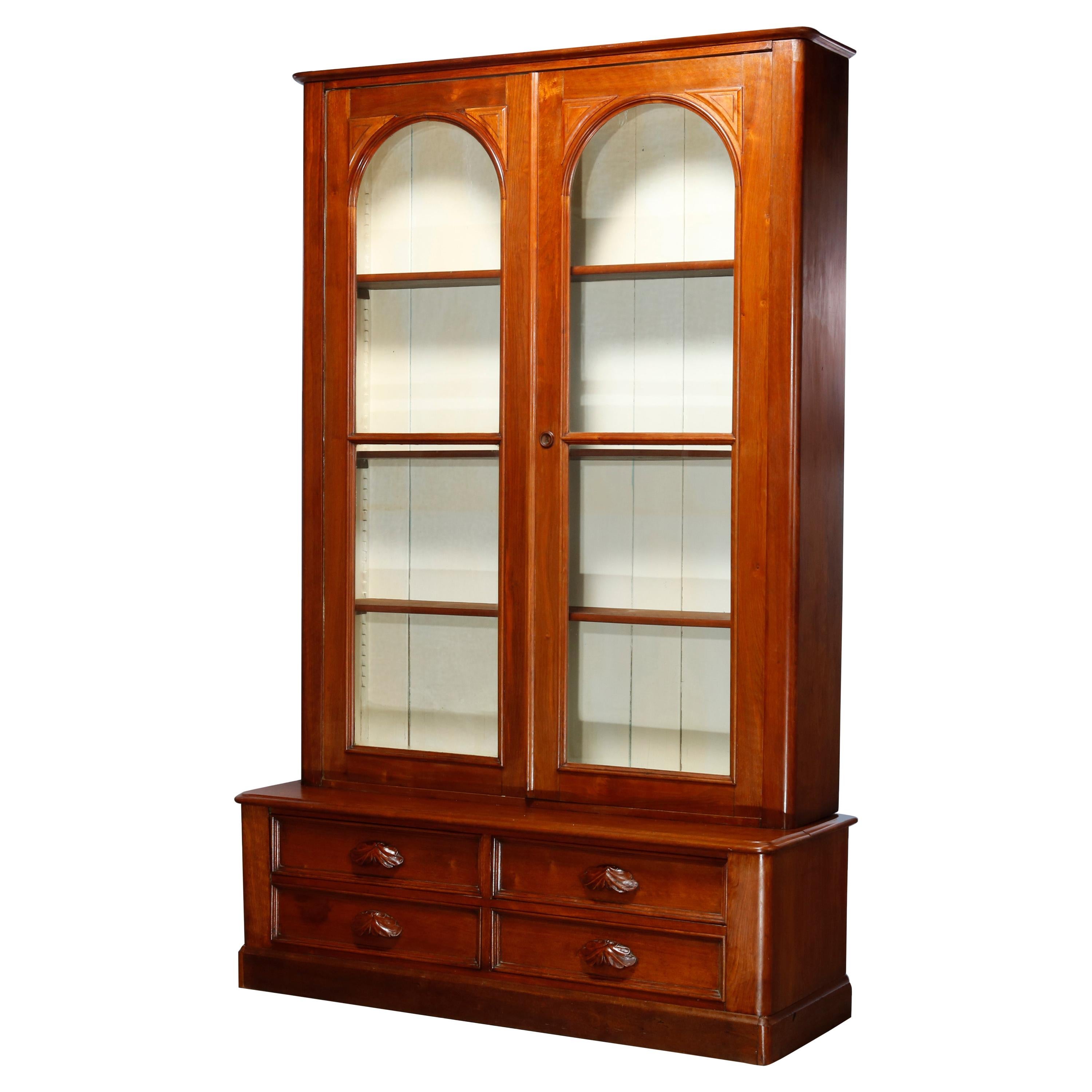 Antique Renaissance Revival Walnut Double Door Bookcase with Drawers