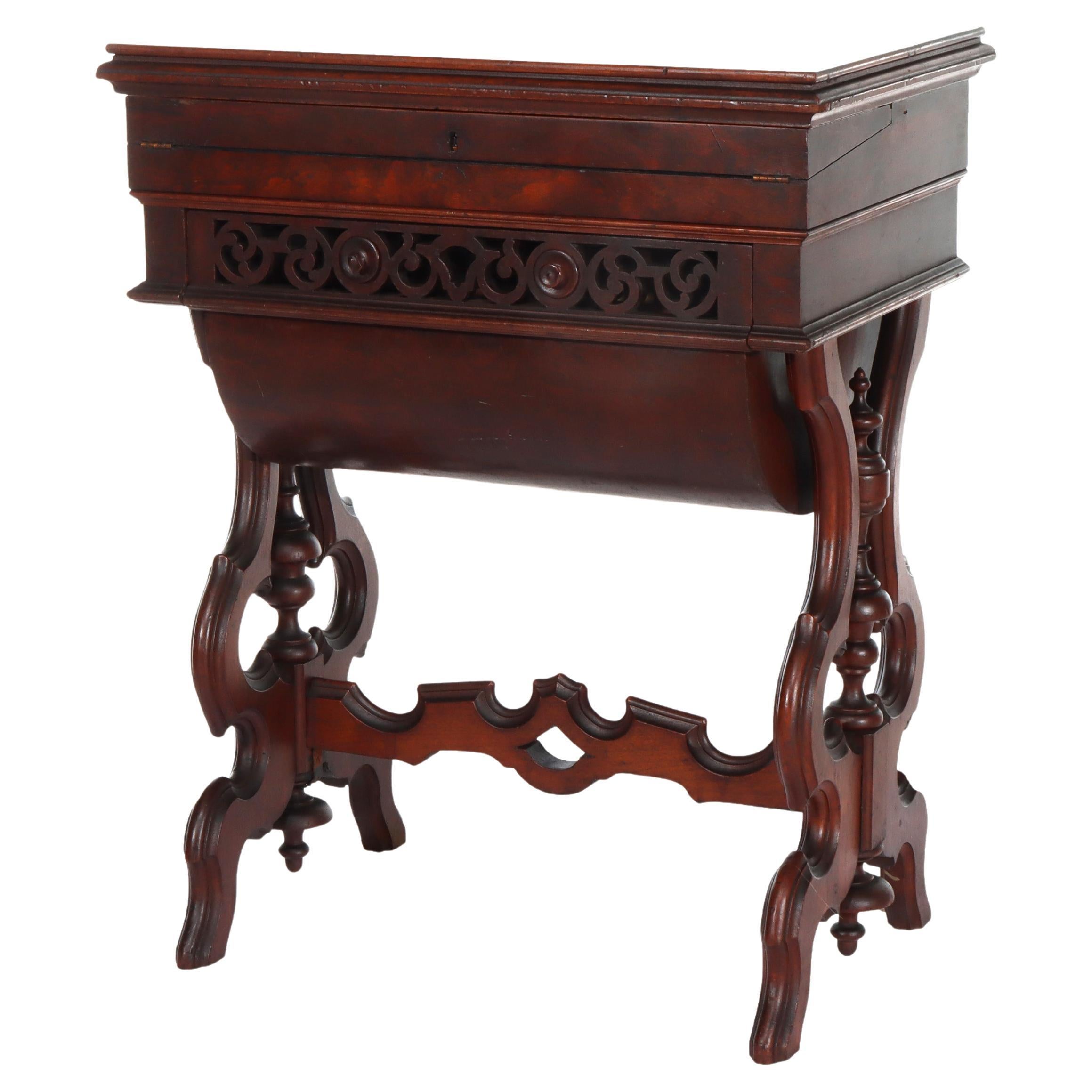 Antique Renaissance Revival Walnut Drop Front Sewing Stand c1890 For Sale