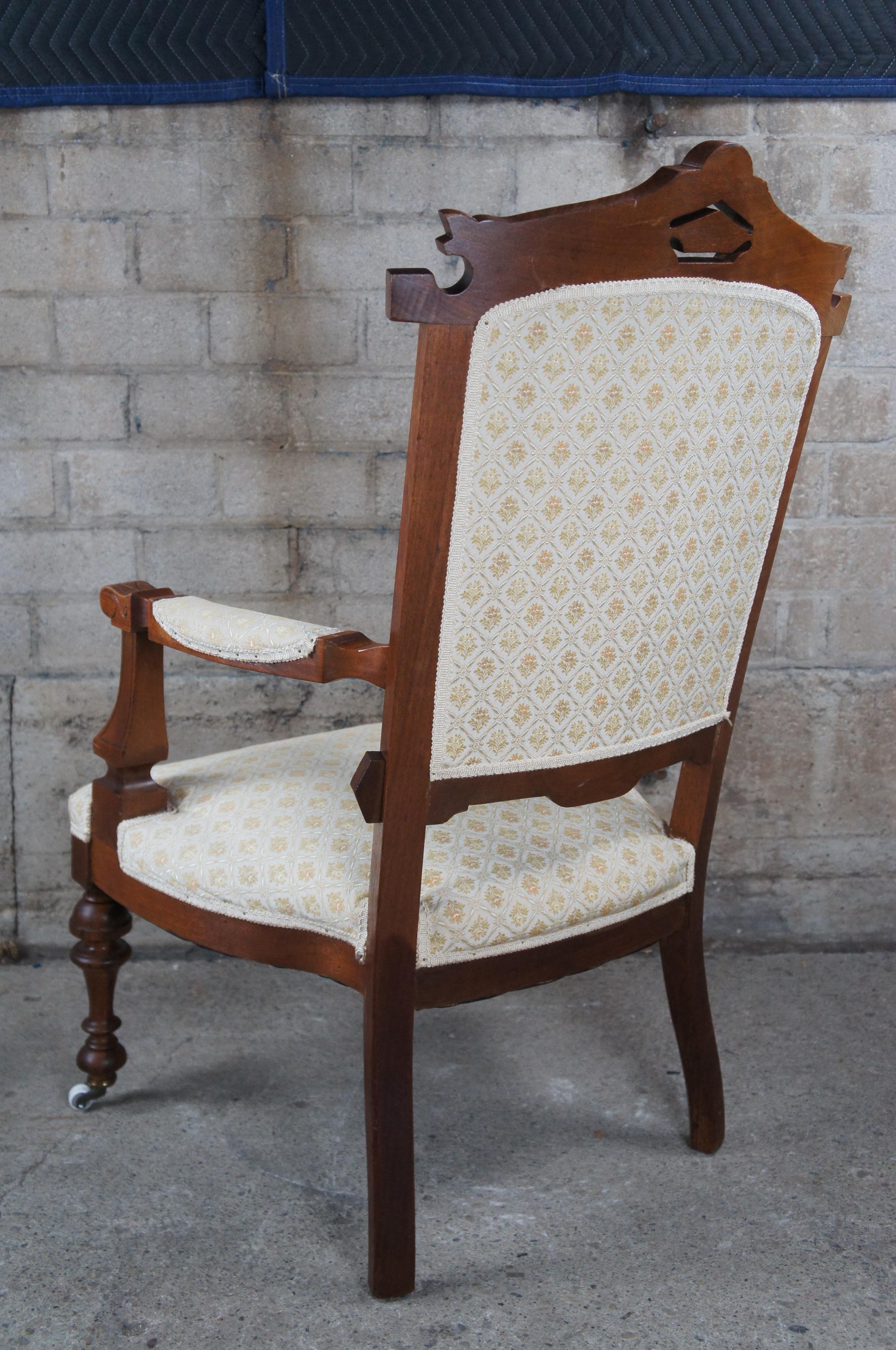 Antique Renaissance Revival Walnut Gentlemans Library Parlor Fauteuil Arm Chairs 5