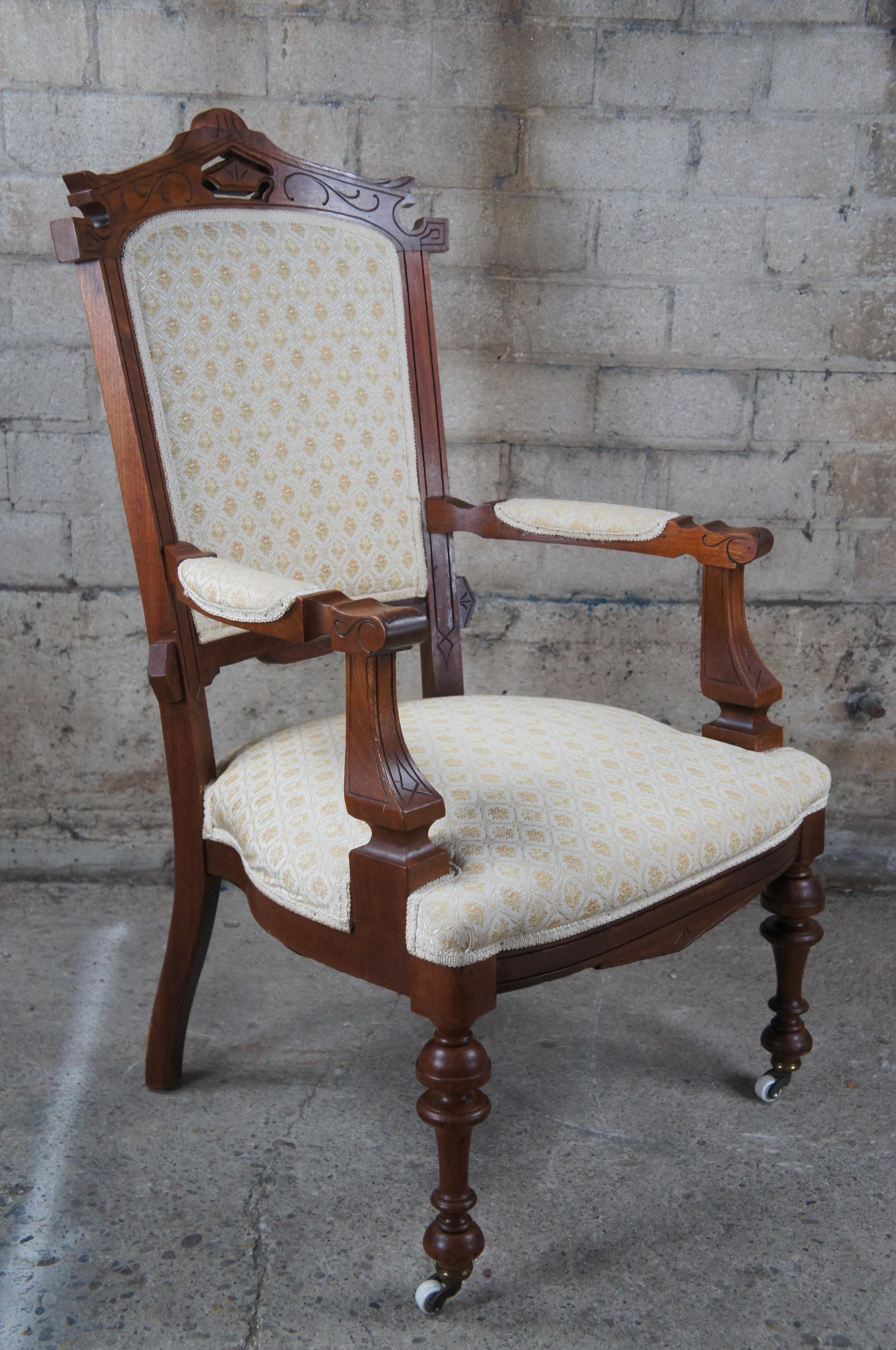 19th Century Antique Renaissance Revival Walnut Gentlemans Library Parlor Fauteuil Arm Chairs