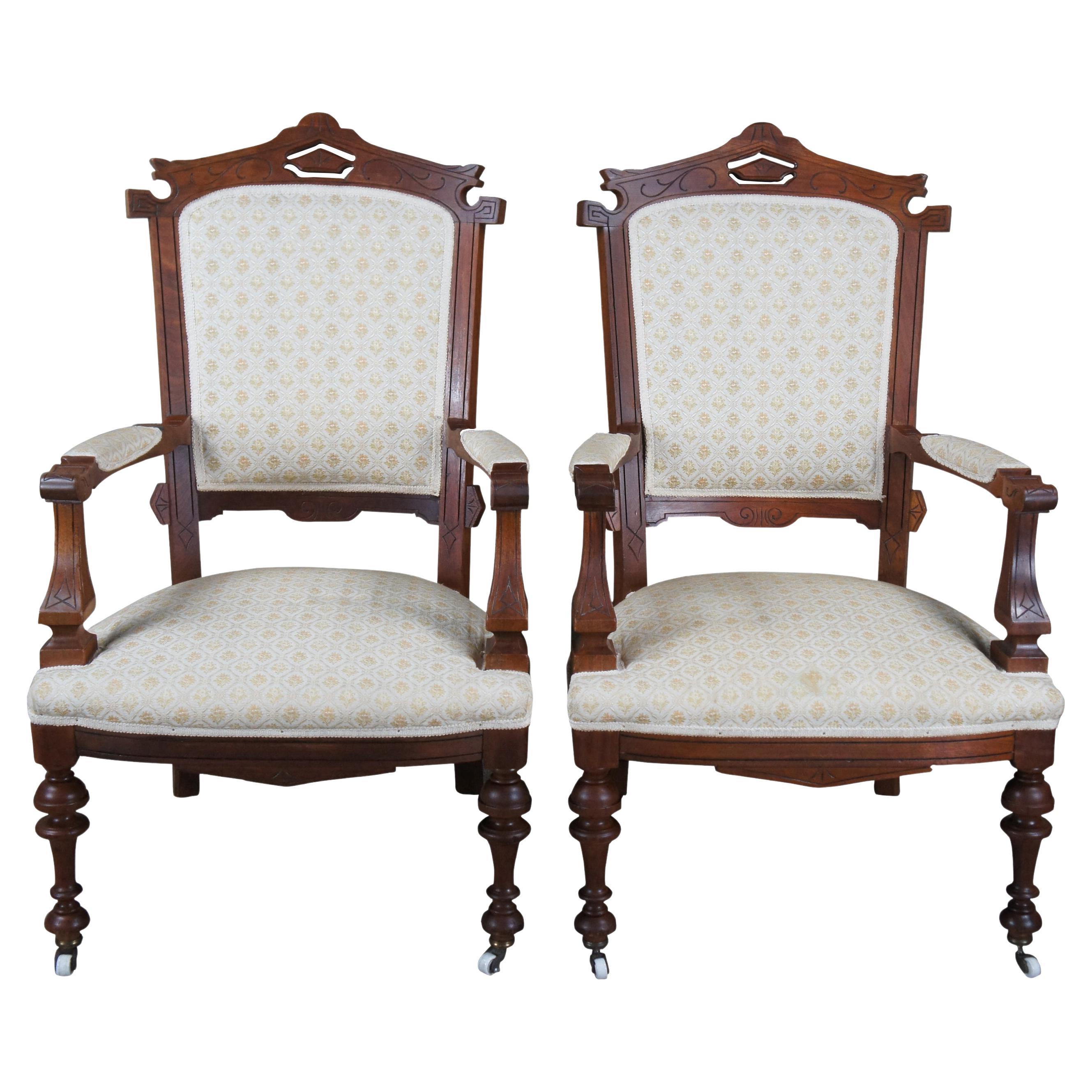Antique Renaissance Revival Walnut Gentlemans Library Parlor Fauteuil Arm Chairs