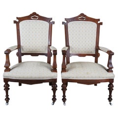 Antique Renaissance Revival Walnut Gentlemans Library Parlor Fauteuil Arm Chairs