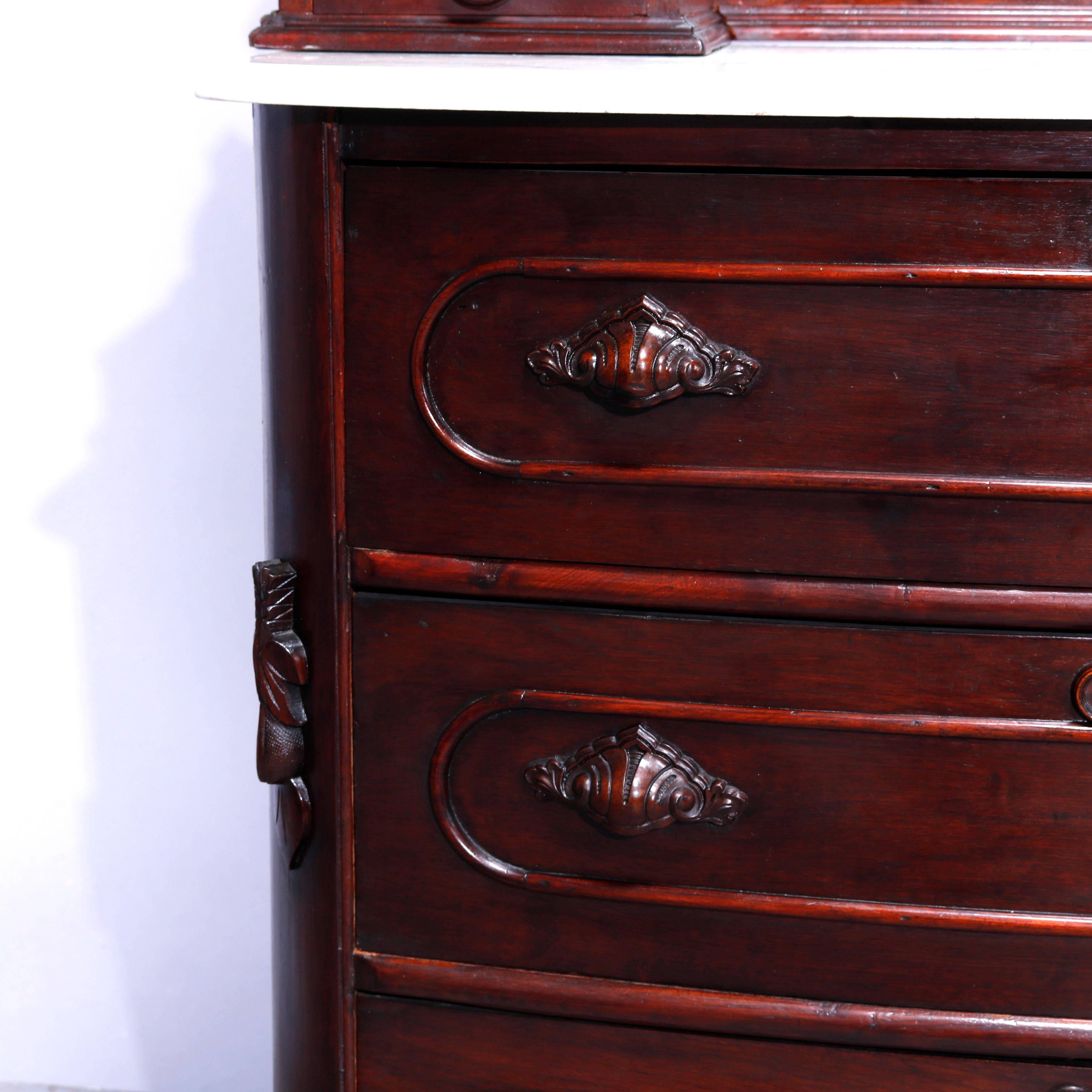 19th Century Antique Renaissance Revival Walnut Marble Dresser Carved Pulls c1890 For Sale