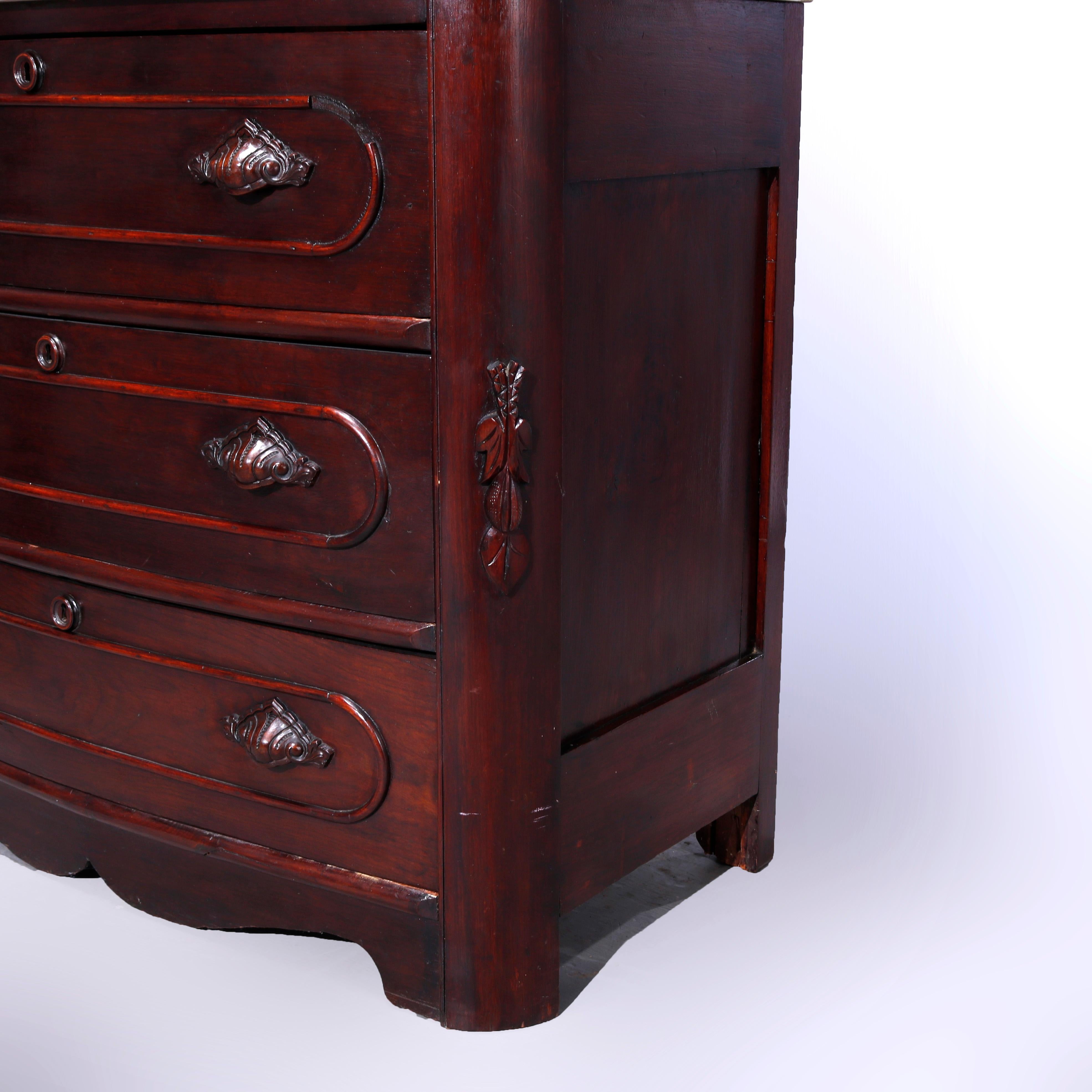 Mirror Antique Renaissance Revival Walnut Marble Dresser Carved Pulls c1890 For Sale