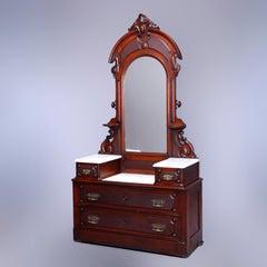 Antique Renaissance Revival Walnut & Marble Drop Center Mirrored Dresser, c1880