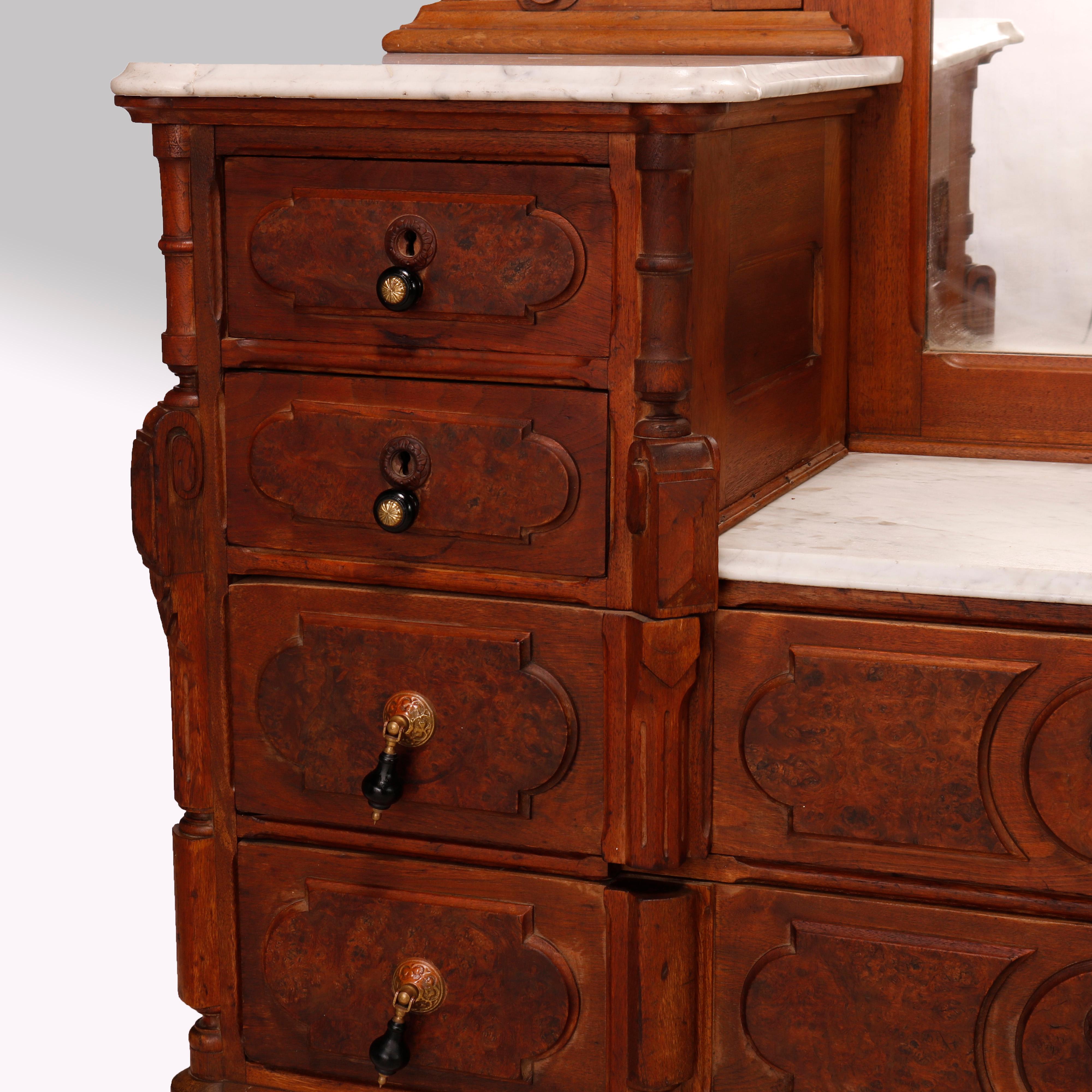 19th Century Antique Renaissance Revival Walnut & Marble Drop Center Mirrored Dresser, c1880