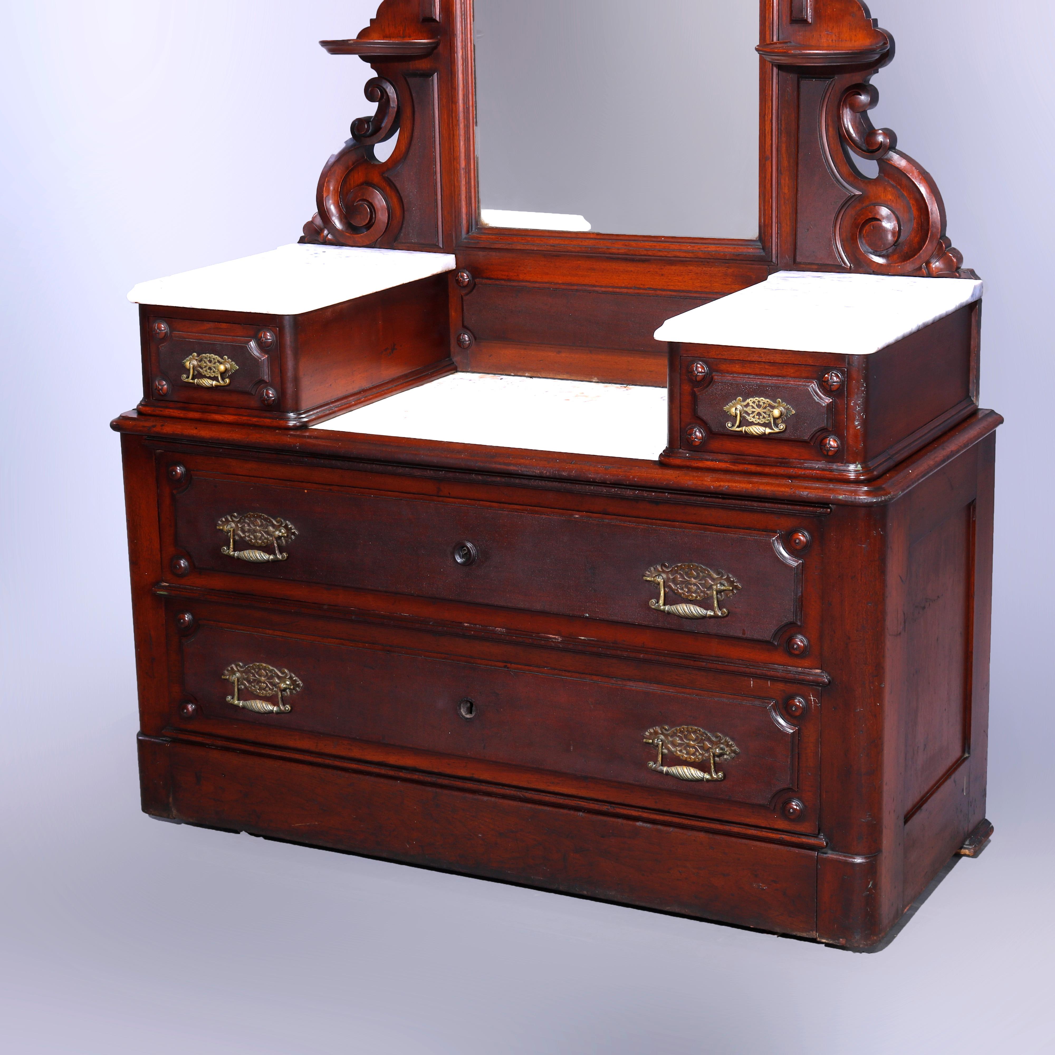 Carved Antique Renaissance Revival Walnut & Marble Drop Center Mirrored Dresser, c1880  For Sale