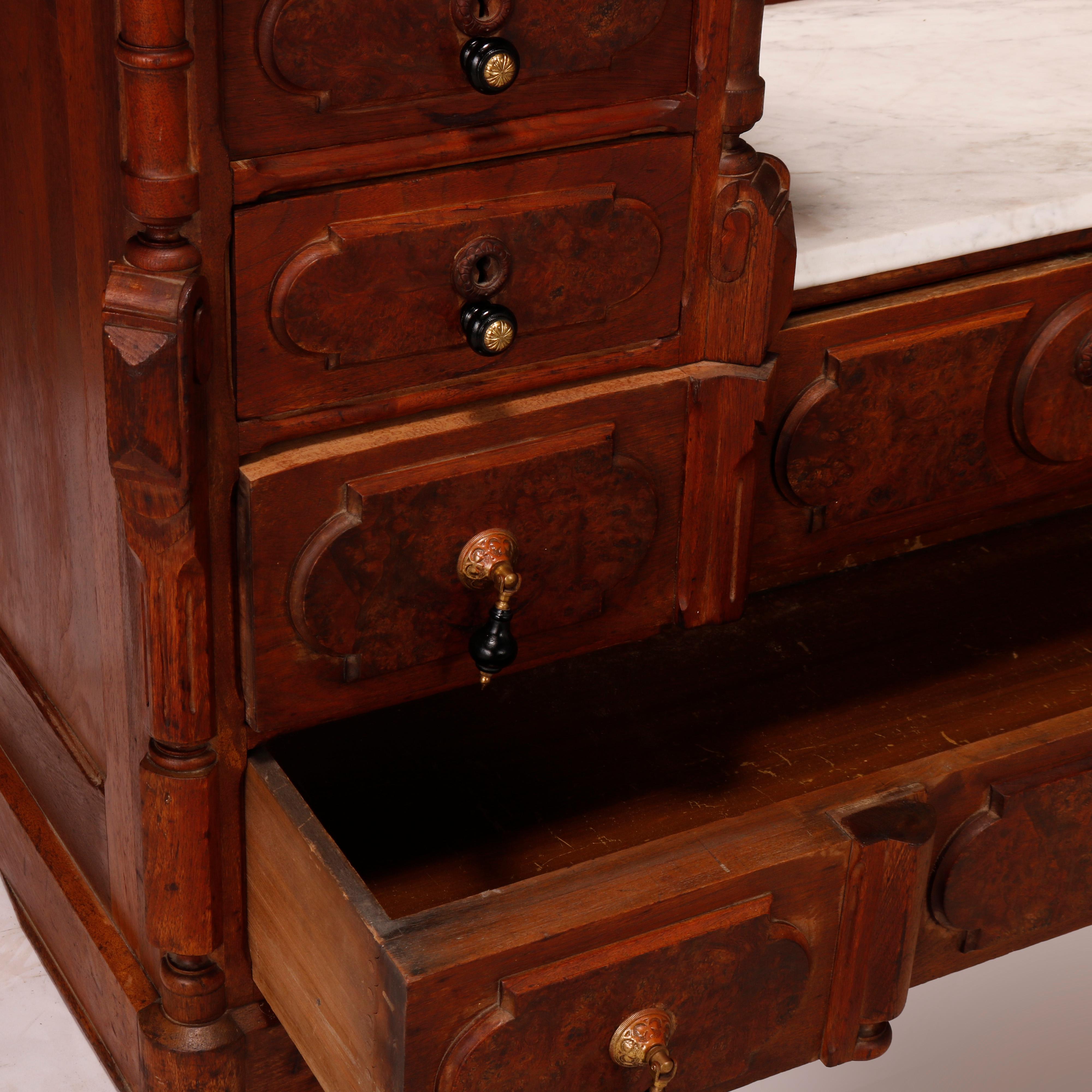 Antique Renaissance Revival Walnut & Marble Drop Center Mirrored Dresser, c1880 1