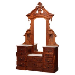 Antique Renaissance Revival Walnut & Marble Drop Center Mirrored Dresser, c1880