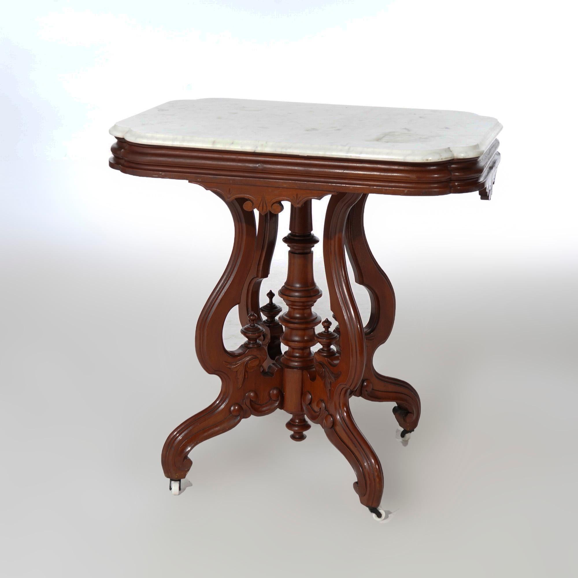 American Antique Renaissance Revival Walnut Marble Top Parlor Table, Circa 1890