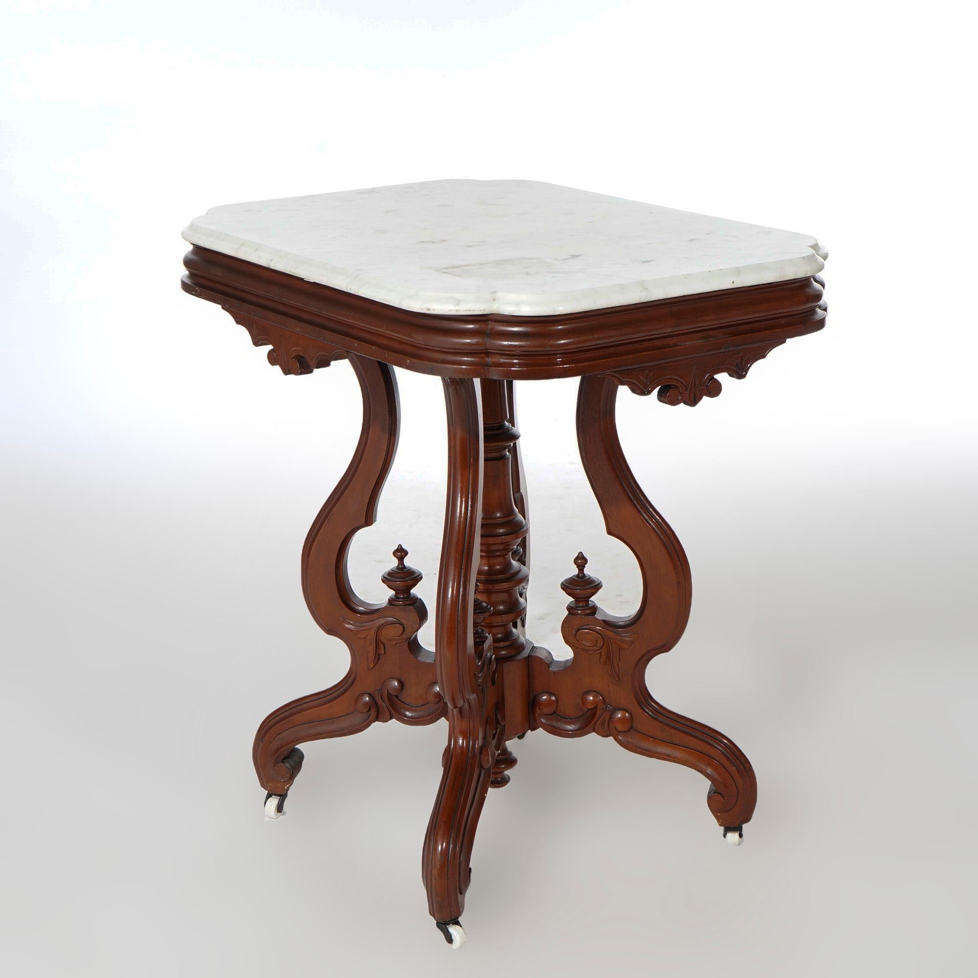 Antique Renaissance Revival Walnut Marble Top Parlor Table, Circa 1890 In Good Condition In Big Flats, NY