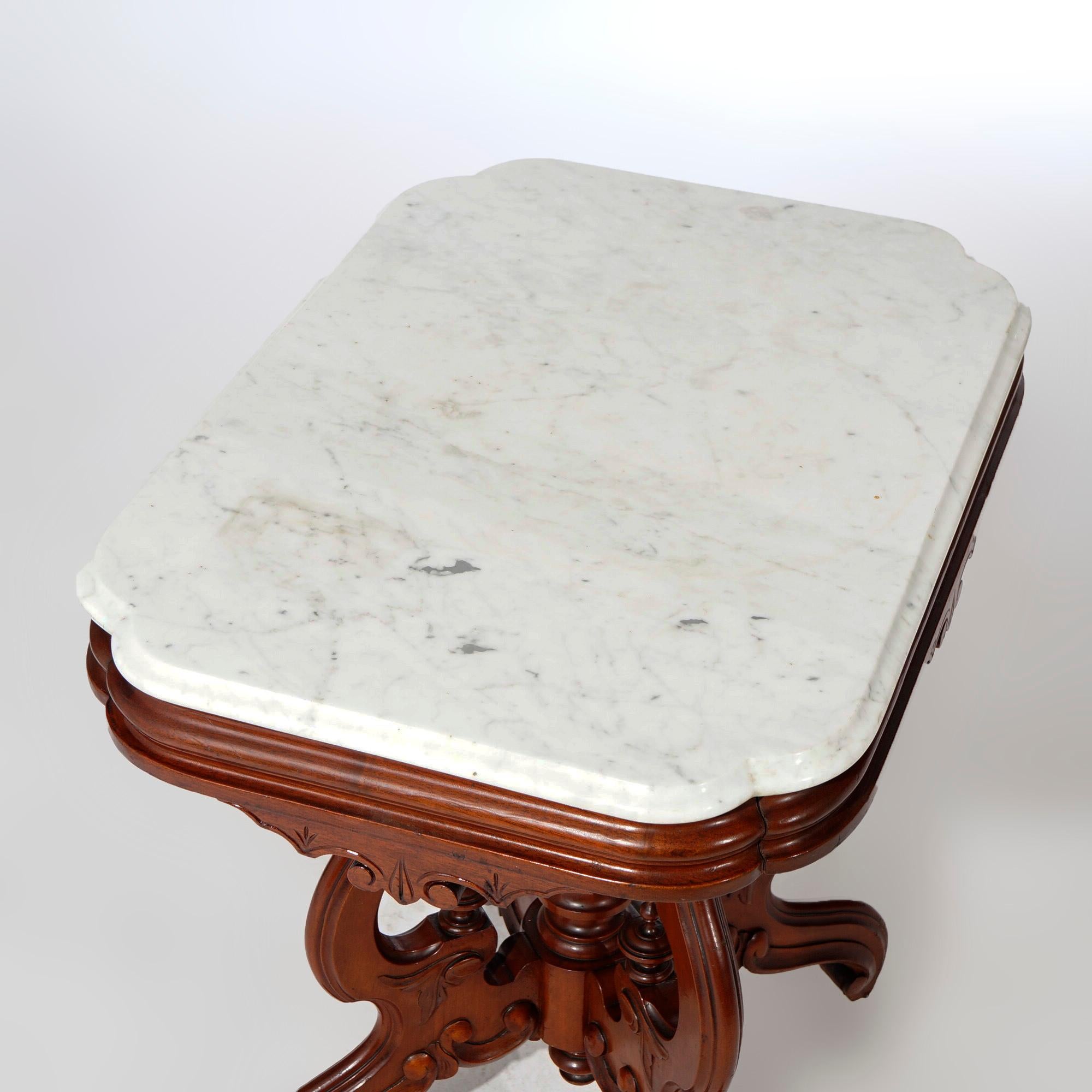 19th Century Antique Renaissance Revival Walnut Marble Top Parlor Table, Circa 1890