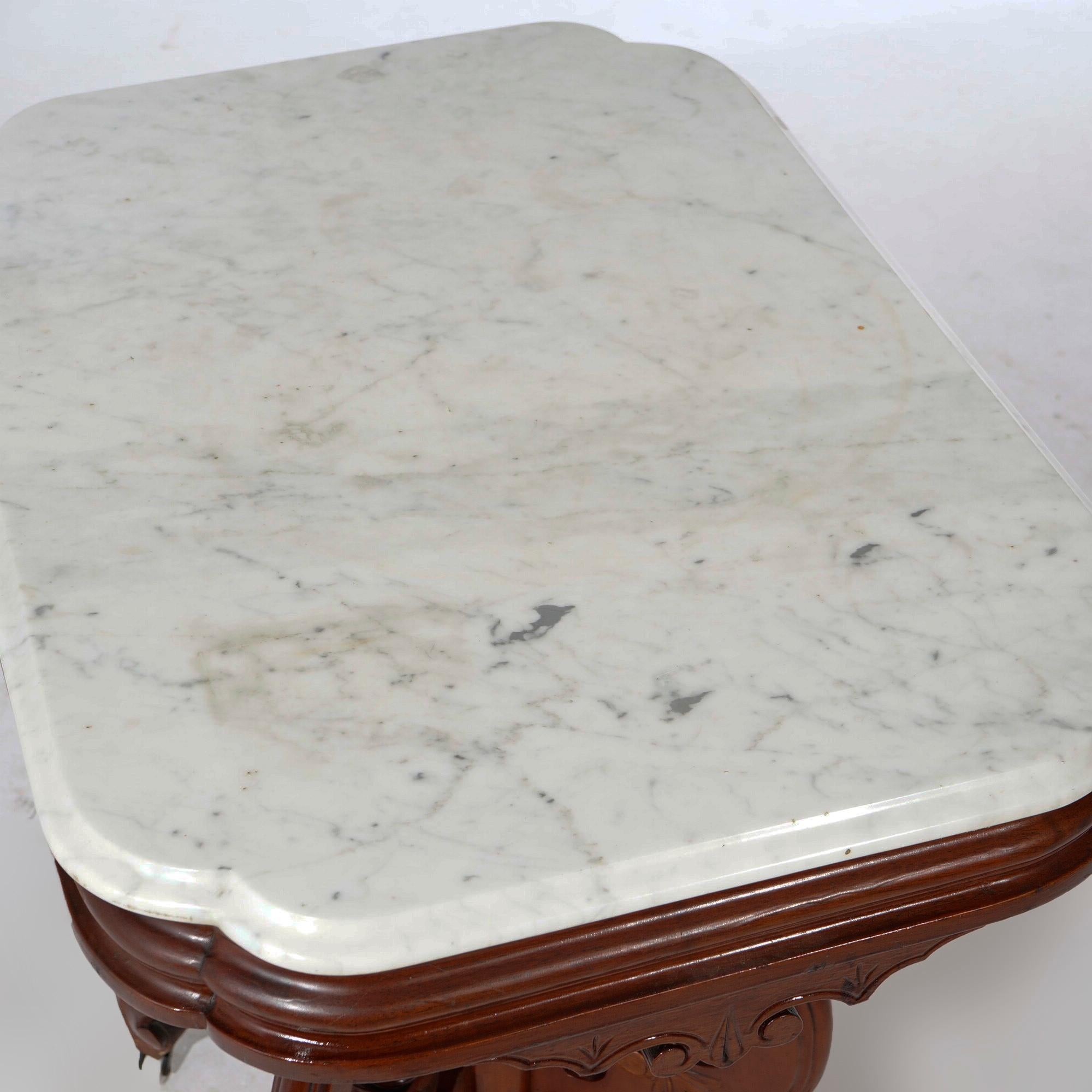 Antique Renaissance Revival Walnut Marble Top Parlor Table, Circa 1890 1