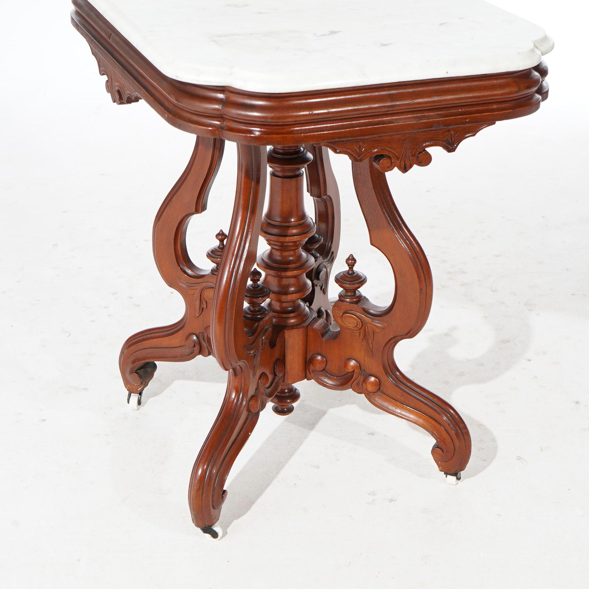 Antique Renaissance Revival Walnut Marble Top Parlor Table, Circa 1890 4