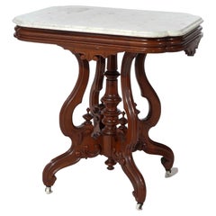 Antique Renaissance Revival Walnut Marble Top Parlor Table, Circa 1890