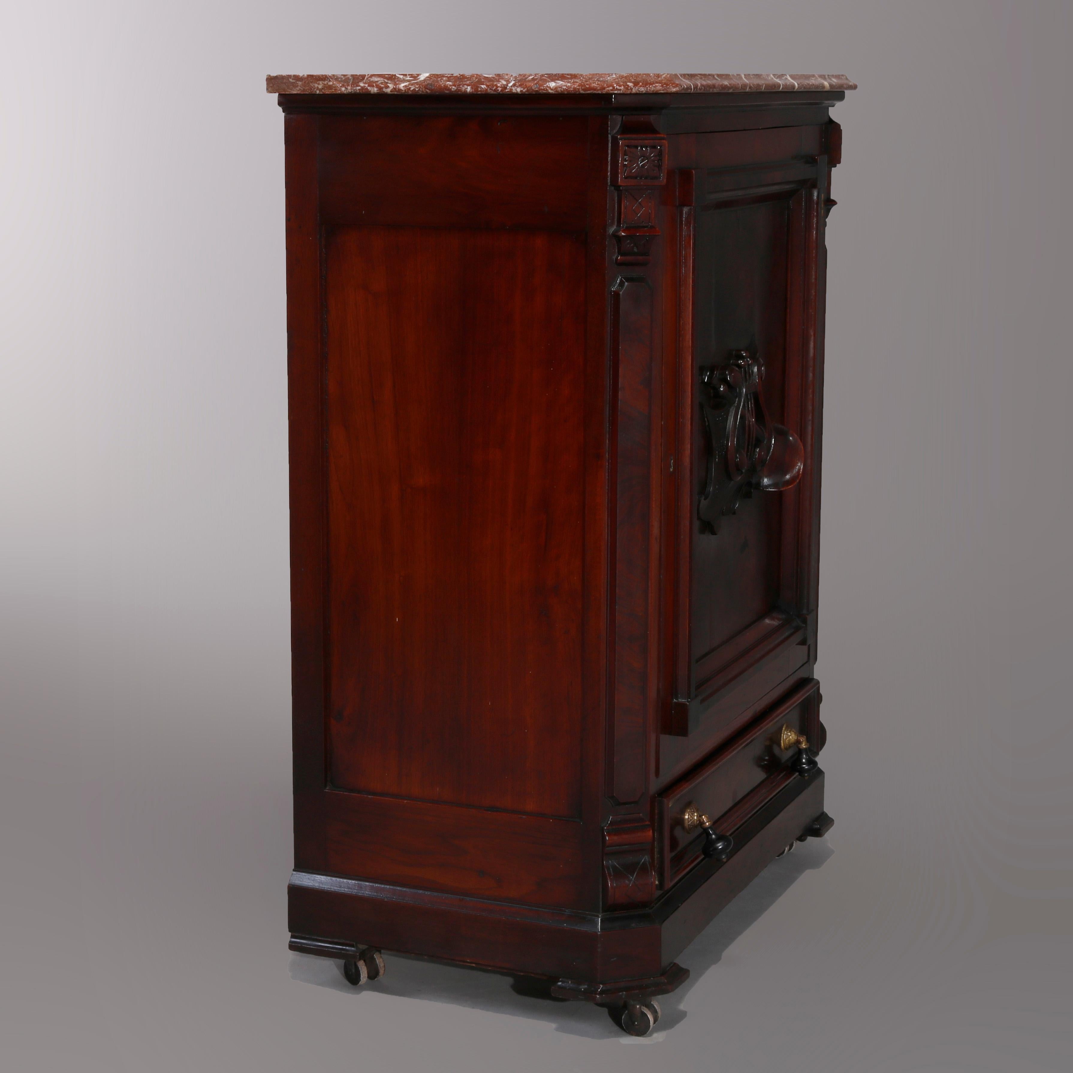 Antique Renaissance Revival Walnut Music Cabinet with Rouge Marble Top, c1870 4
