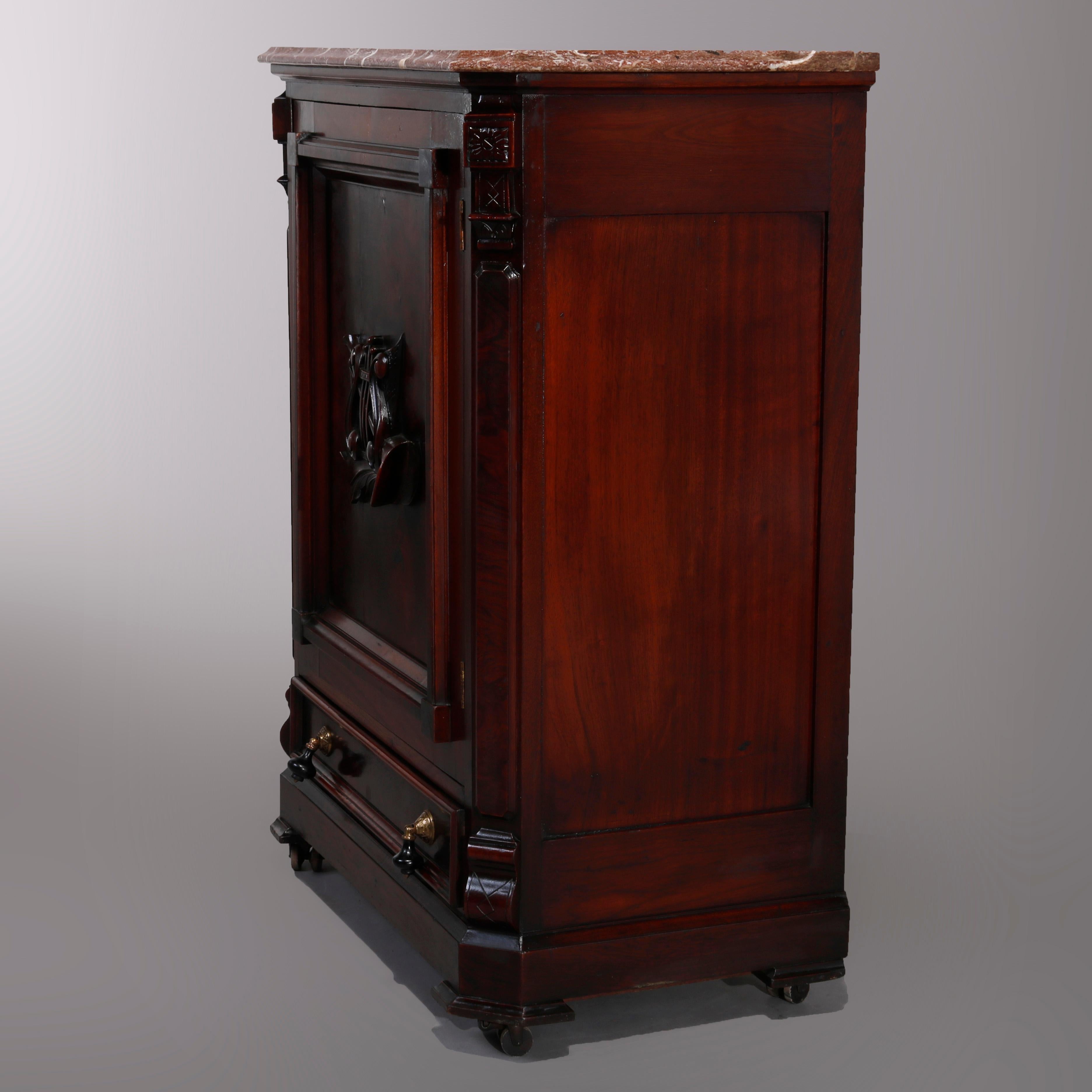 19th Century Antique Renaissance Revival Walnut Music Cabinet with Rouge Marble Top, c1870