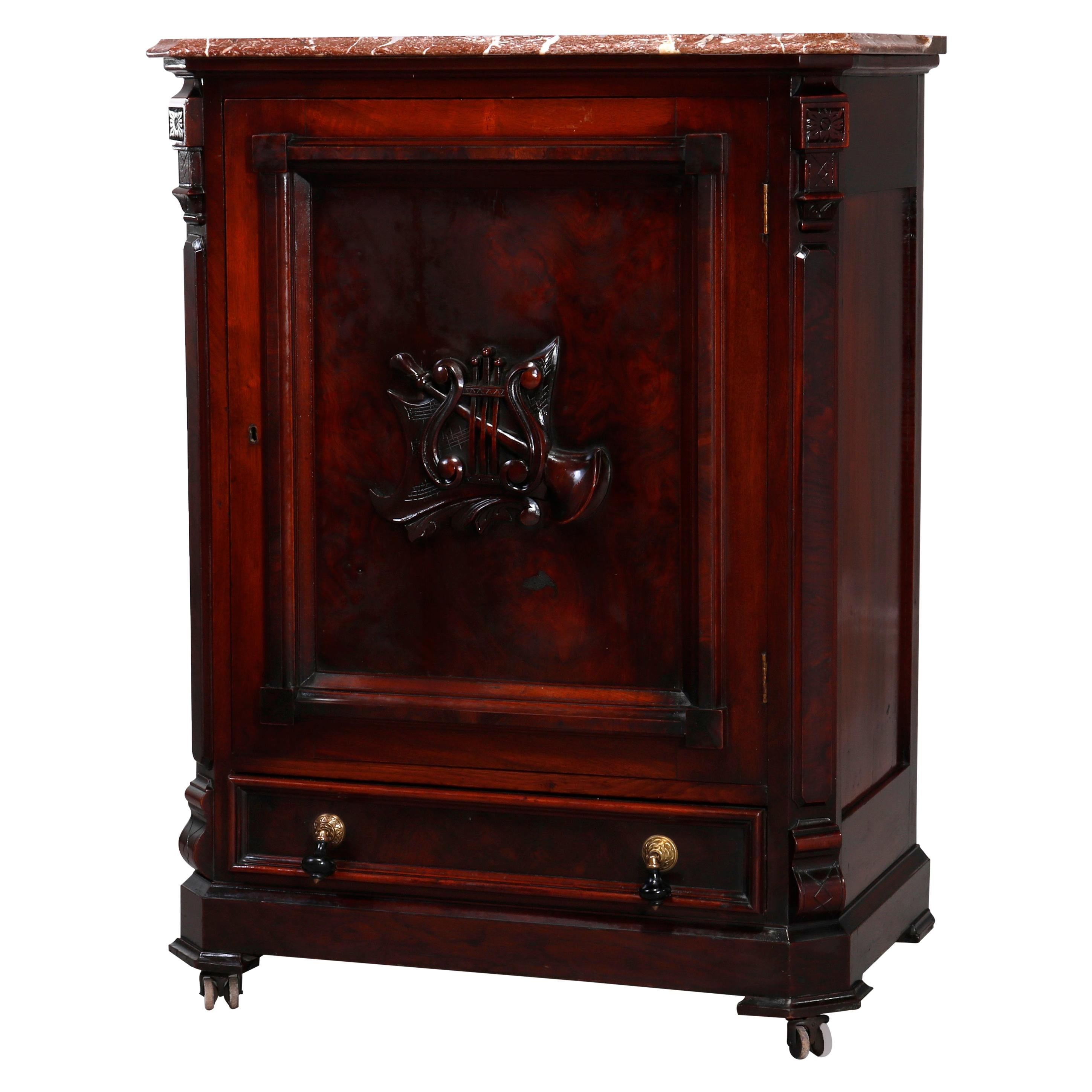 Antique Renaissance Revival Walnut Music Cabinet with Rouge Marble Top, c1870
